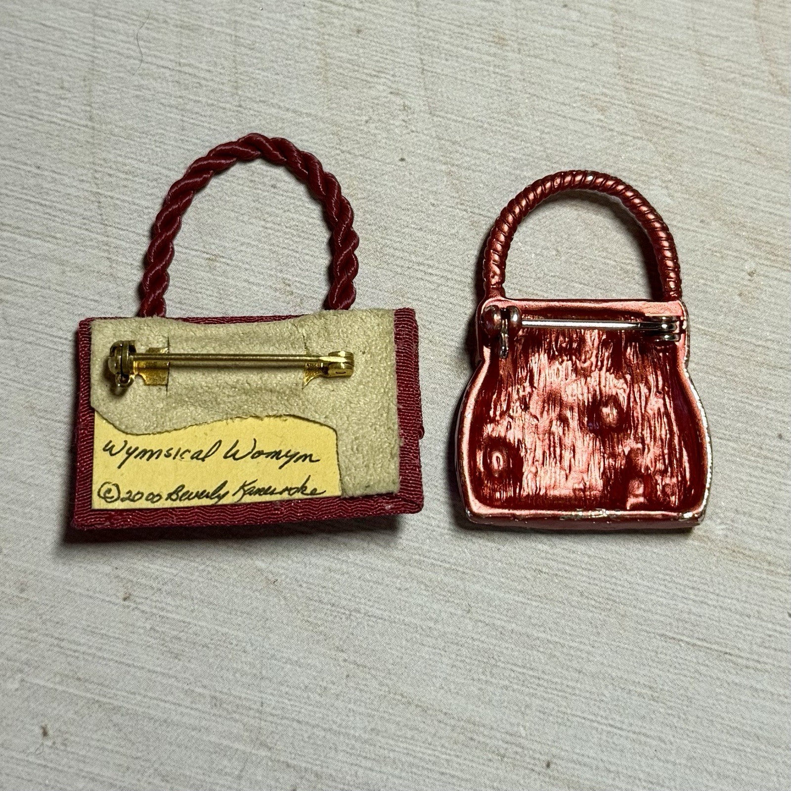 Lot Of 2 Vintage Red Handbag Brooches 1 Enamel & Rhinestone 1 Wymsical Women