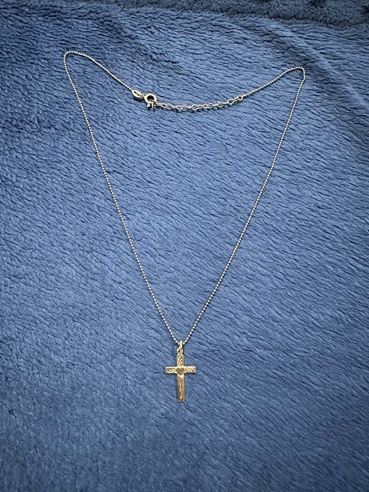 Vtg Sterling Silver 925 Heart Etched Cross Pendant Necklace, 15-17in Long