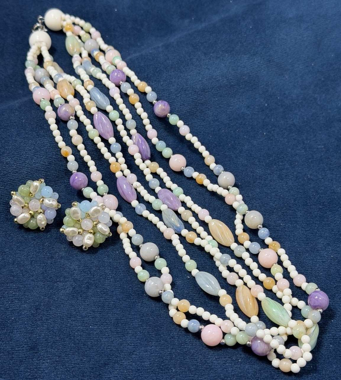 Vintage Multi Strand Glass Beaded Necklace Earrings Set 3 PC Lavender Pastels