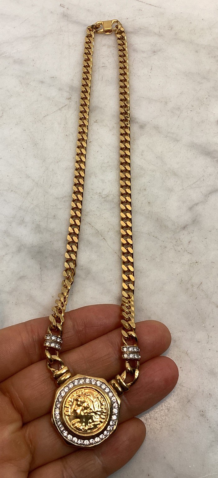 Vintage Gold Tone Roman Coin Rhinestone Pendant Curb Link Chain Necklace