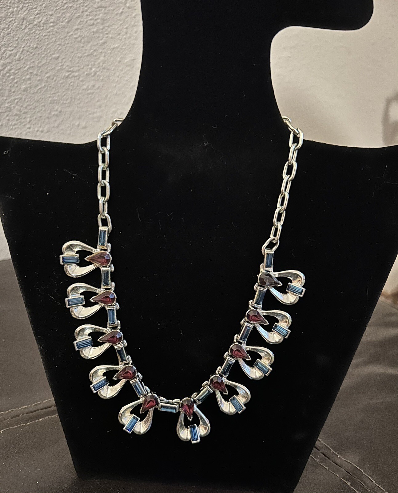 Vintage Costume Necklace Silver-tone with Blue and Purple Adjustable Hook