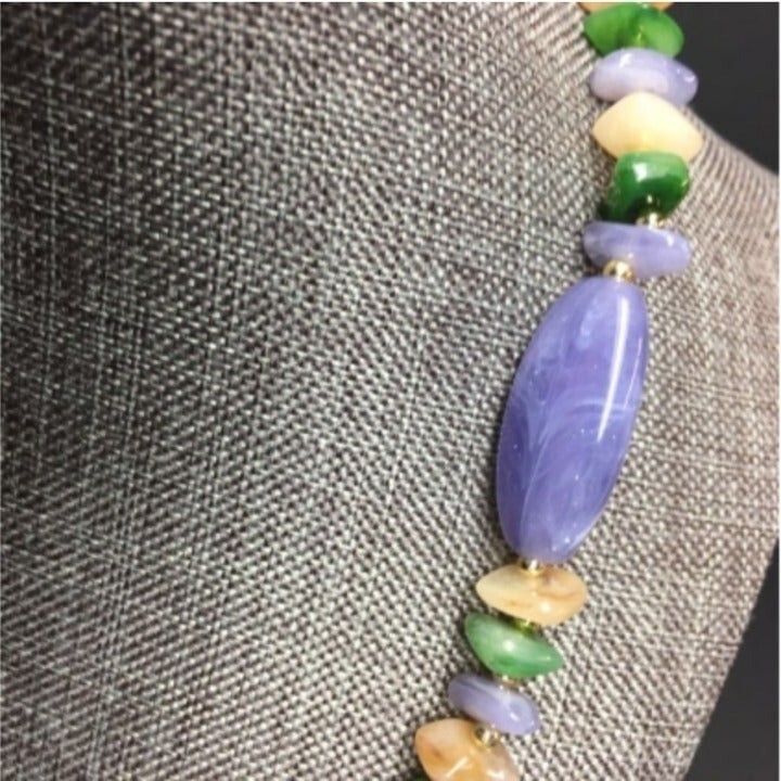 Retro Beaded Necklace Purple Cream Pink Green Gold Vintage Cottage Soft Girl
