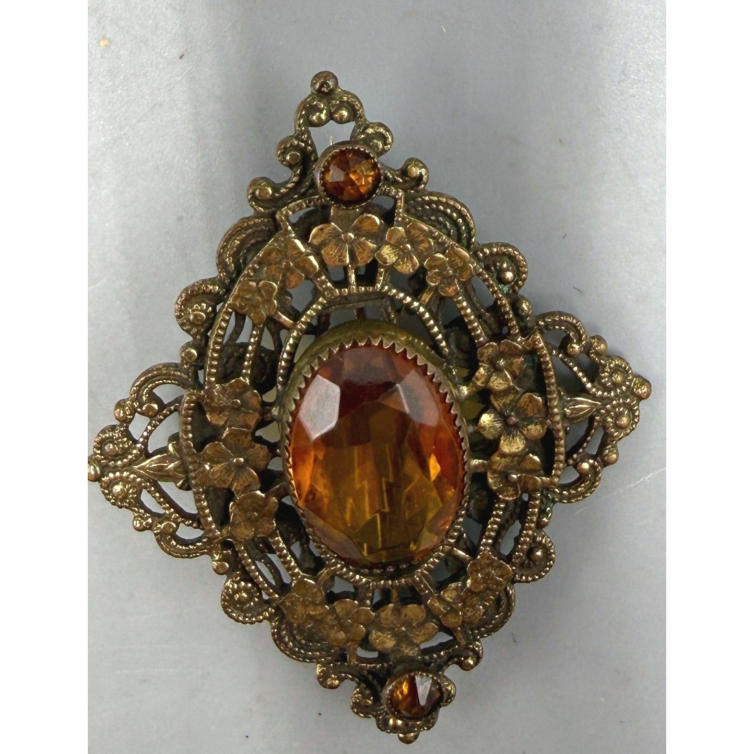 Vintage Brass Filigree Amber Glass Floral Brooch Victorian Revival Pin
