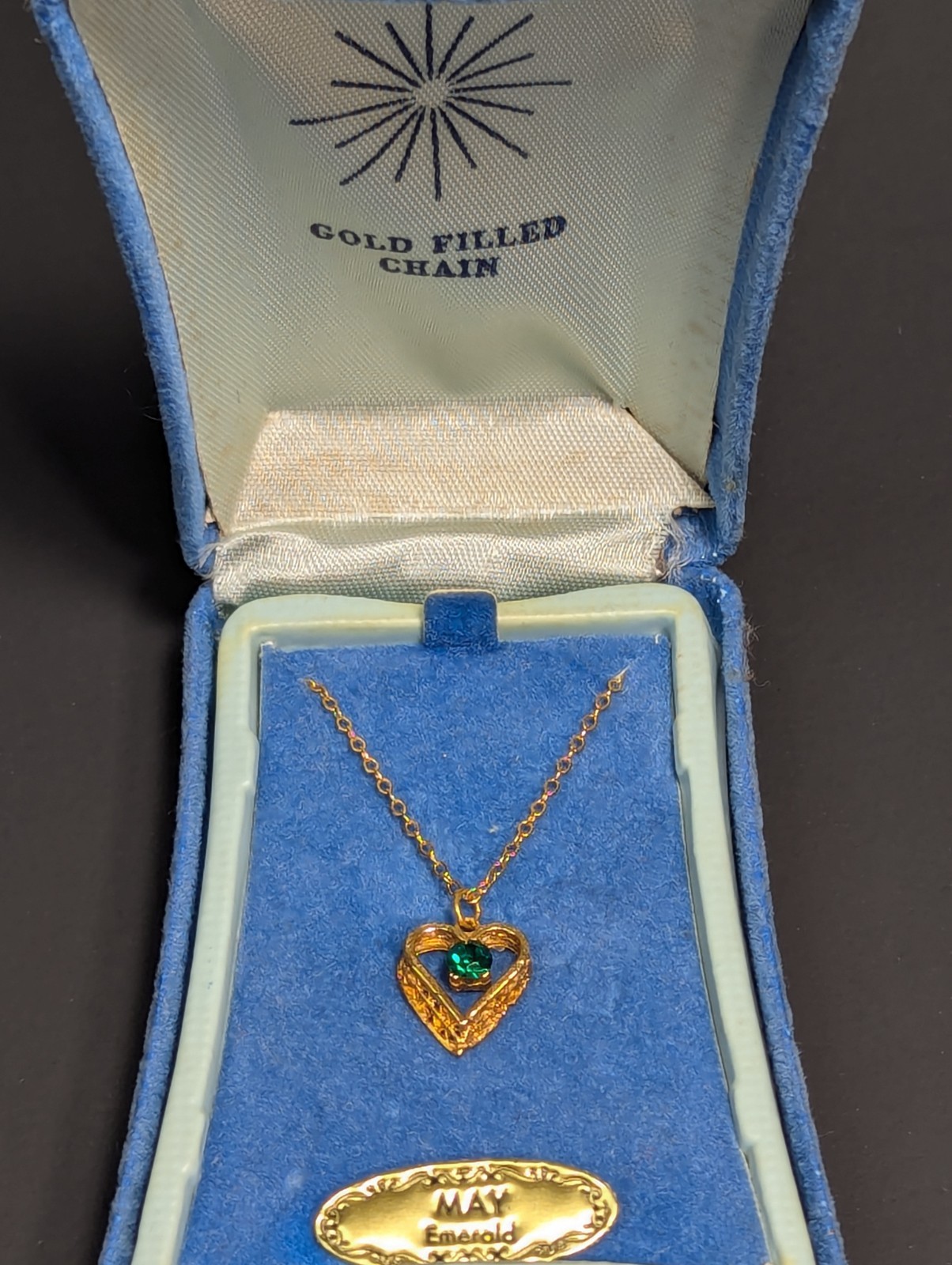 Vintage Gold Filled Chain Necklace 16″ Emerald Filigree Heart Pendant May