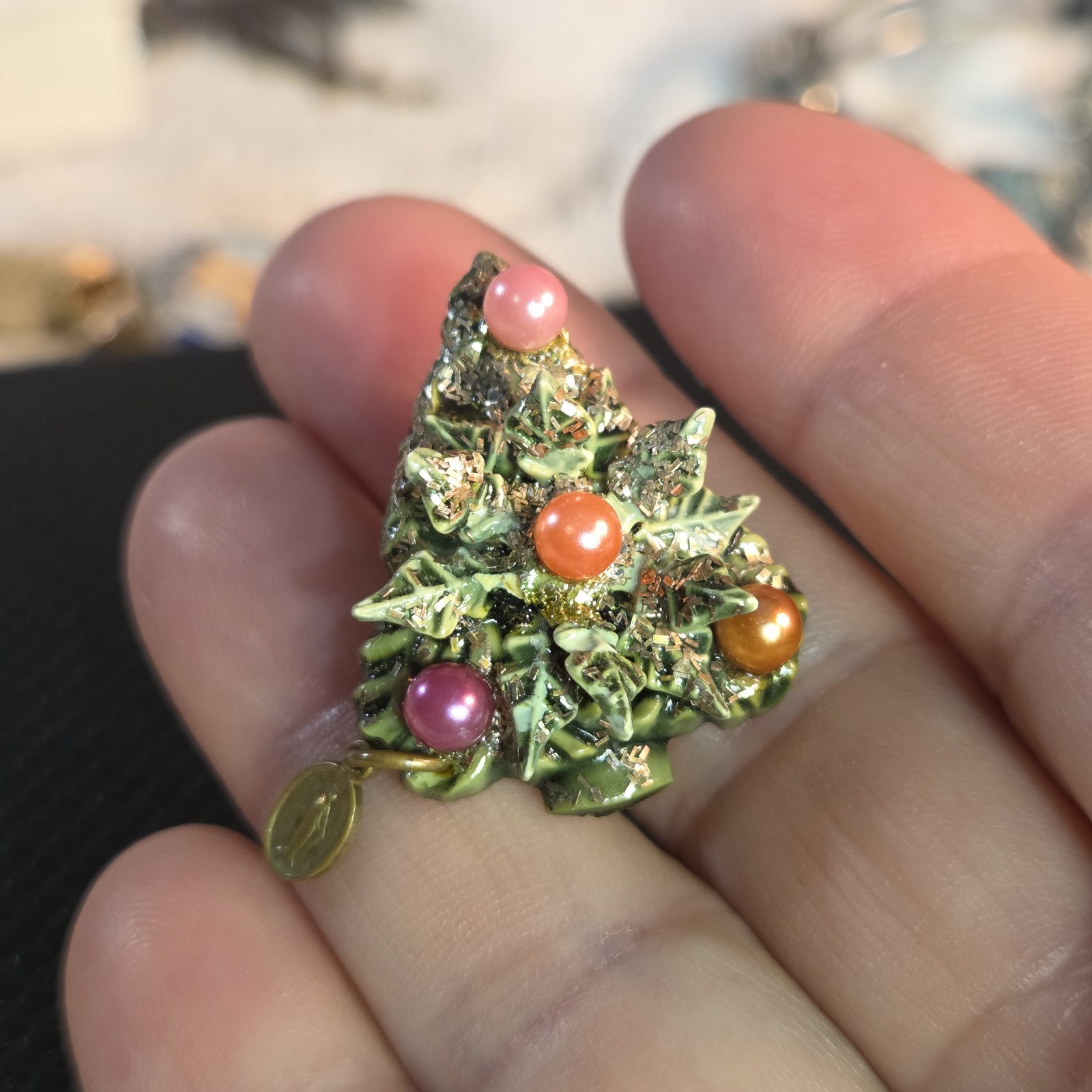 Vintage Christmas Tree Brooch w/ Dangling Micro Devotional Virgin Mary Catholic