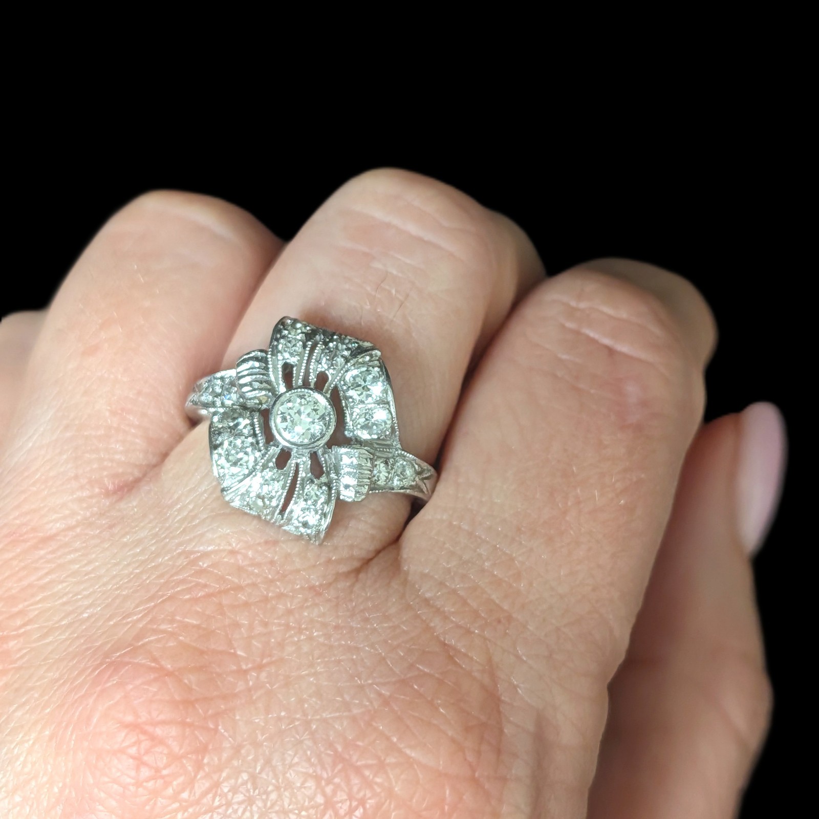 Edwardian Era Old European Cut Diamonds Platinum Cocktail Ring Floral Antique