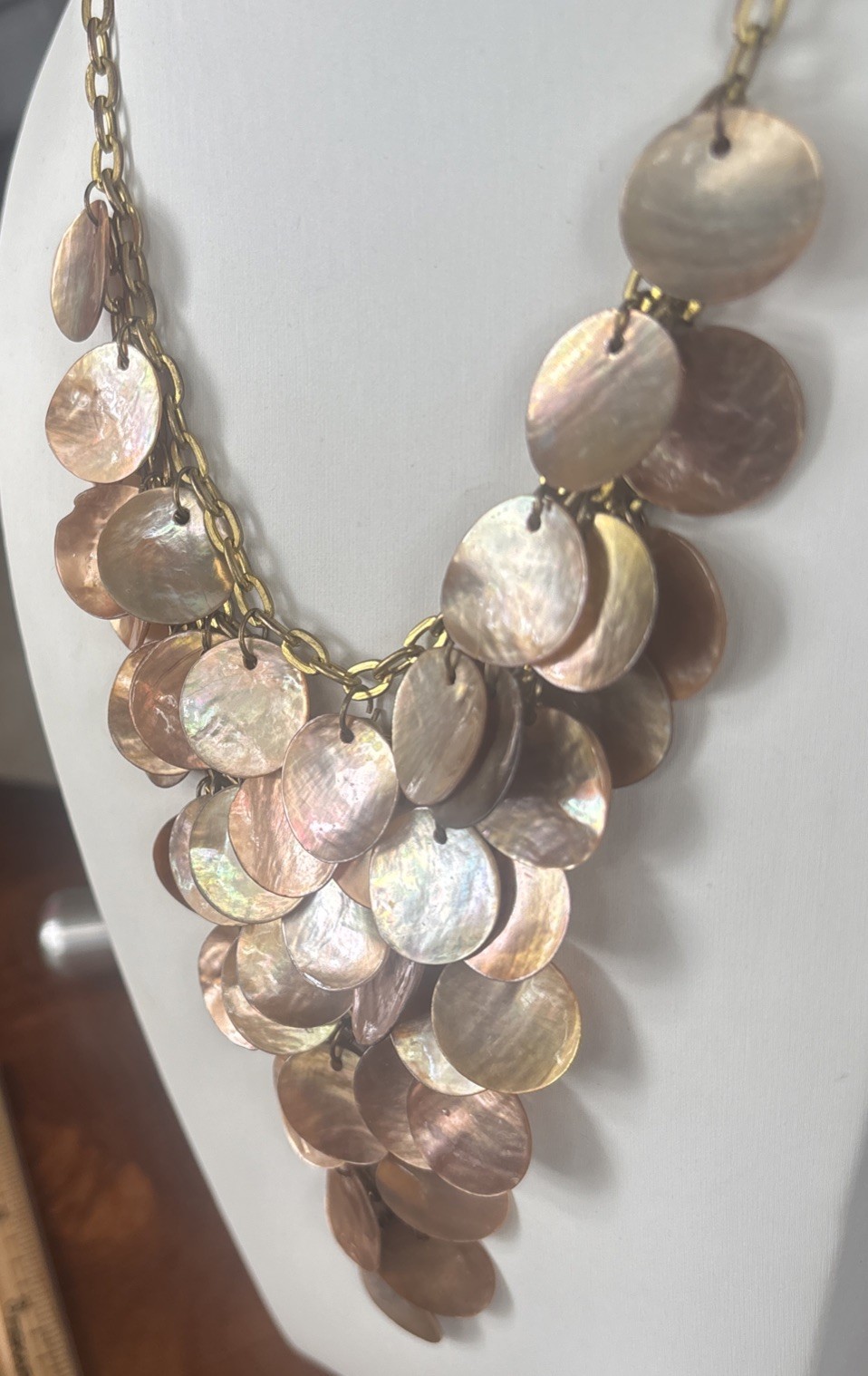 Vintage Cascading Gold & Bronze Iridescent Shell Disc Statement Bib Necklace