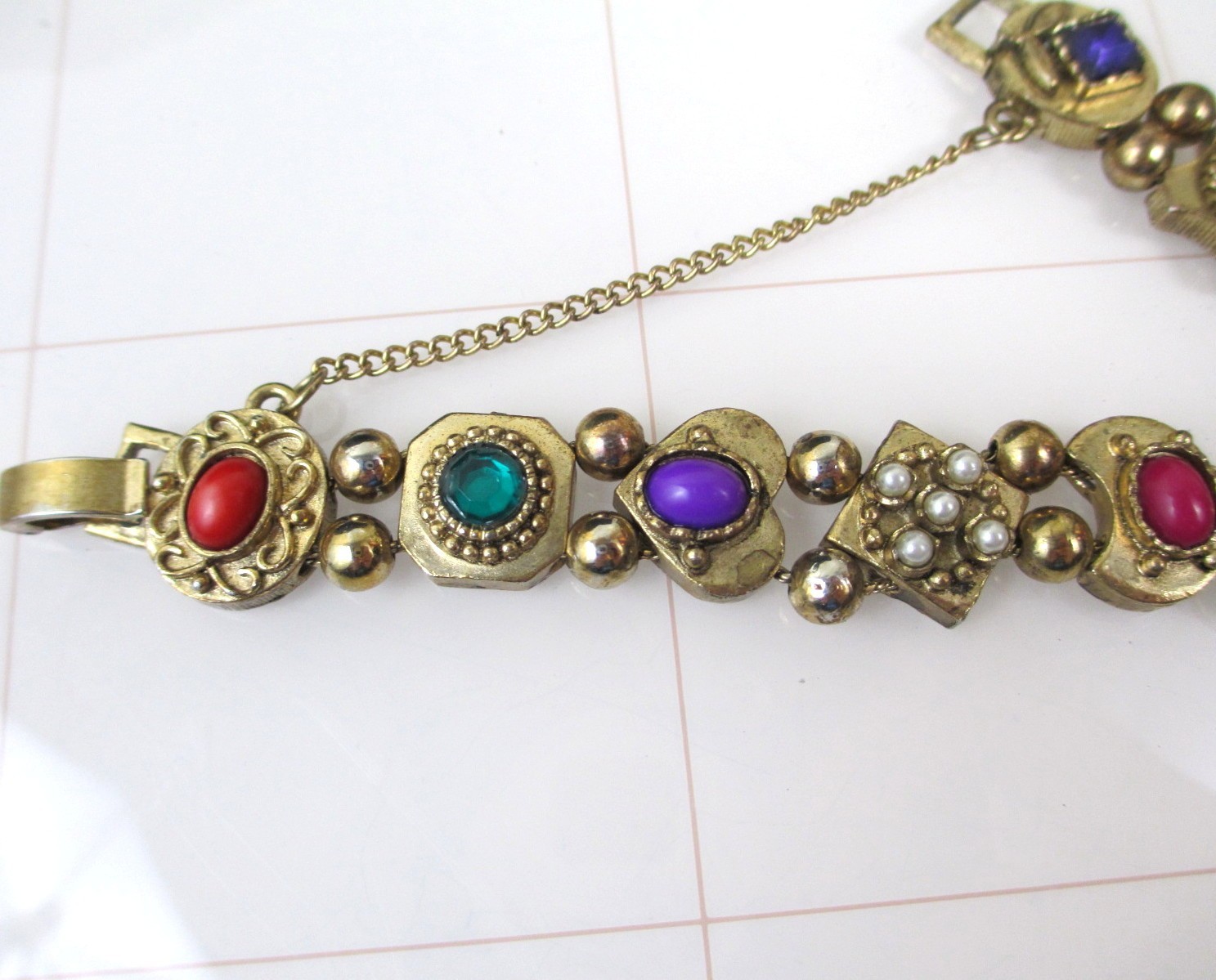 Vintage Victorian Revival Slide Charm Bracelet Gold tone Multicolor cabochons