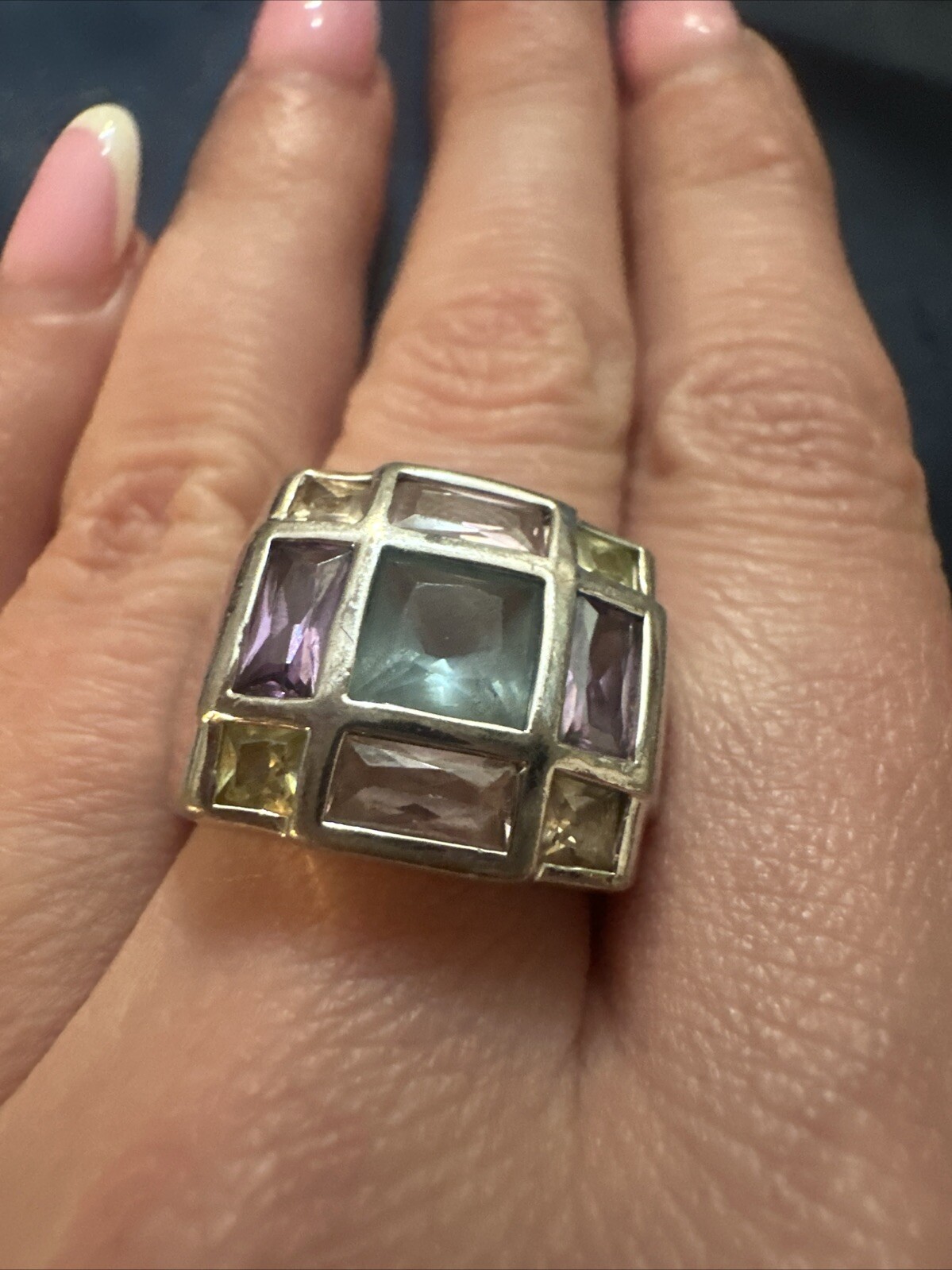 DESIGNER FAS STERLING SILVER PASTEL MULTI COLOR TOPAZ SQUARE CUT RING