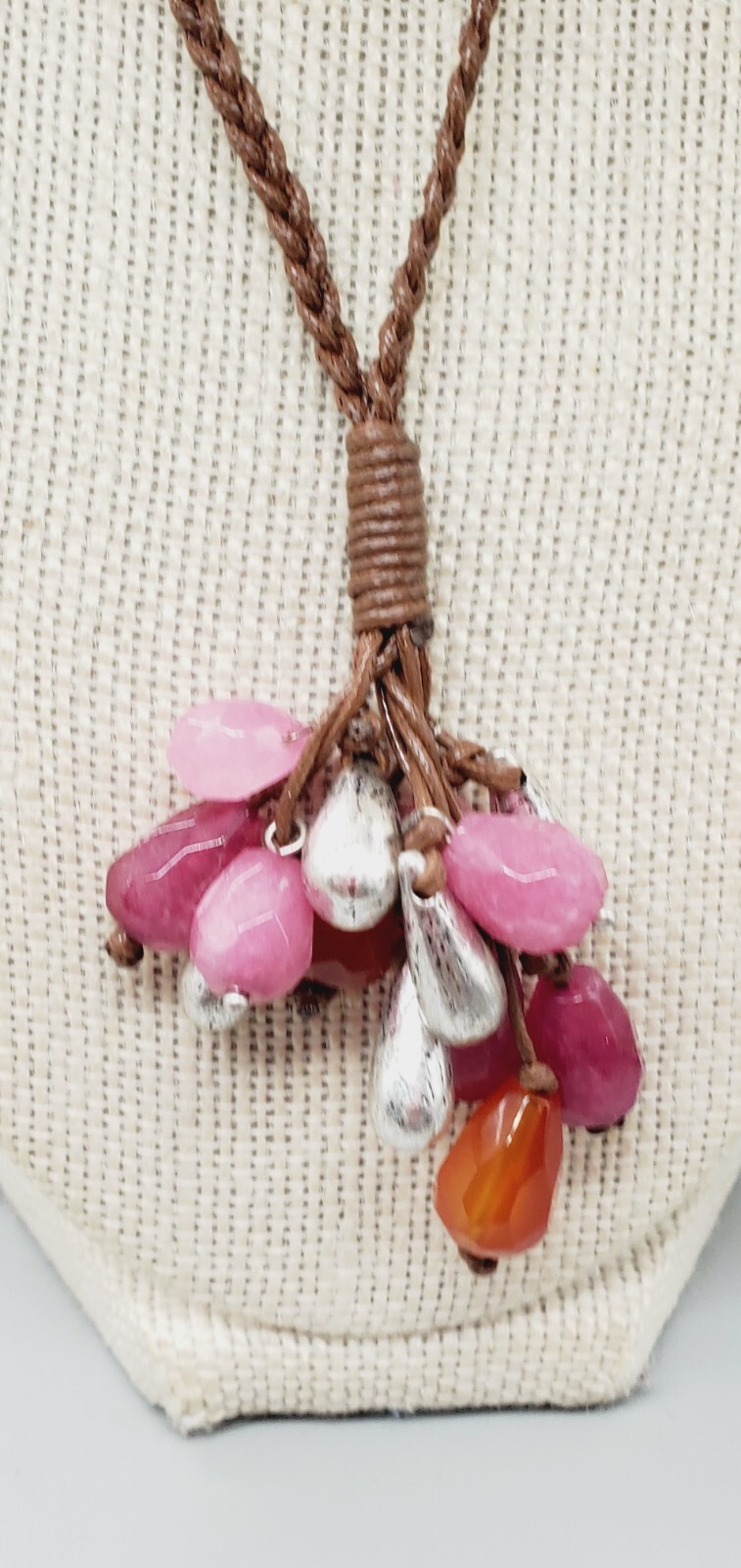 Purple & orange glass and silvertone bead Braided Leather cord 26″ necklace te03