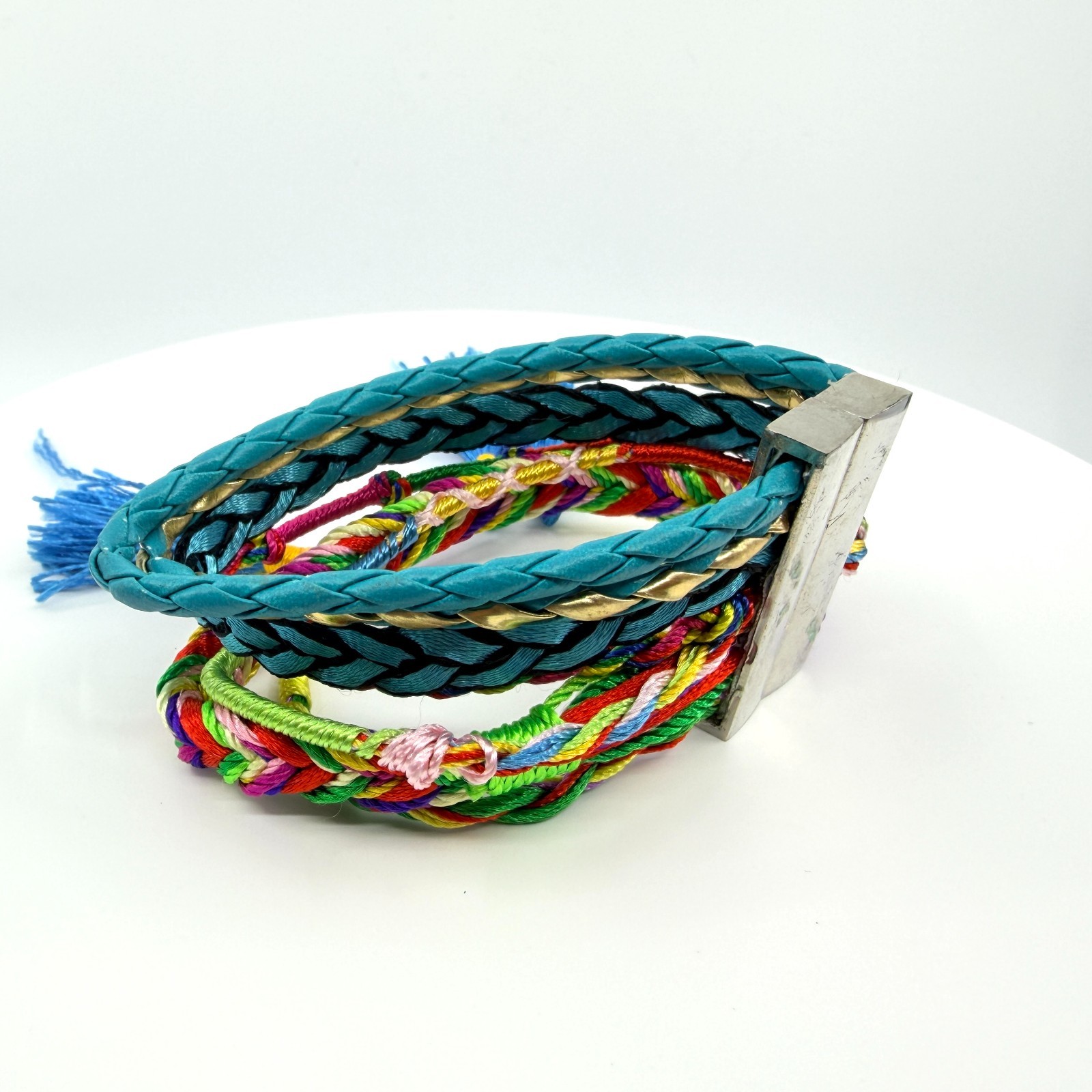 Vintage Blue Teal Multi Strand Braided Wrap Bracelet Tassels Magnetic Clasp Boho