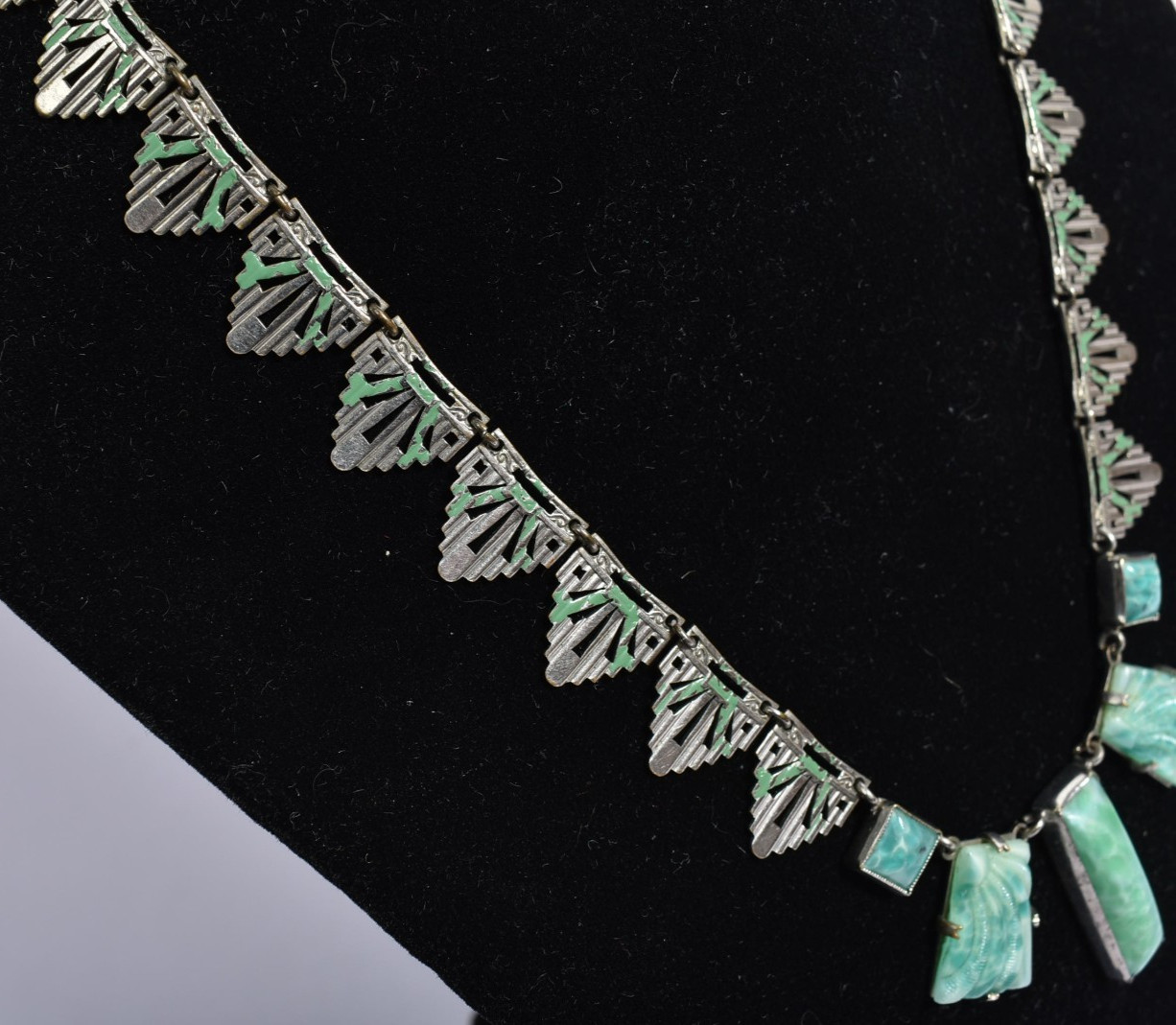 Vintage circa 1920 egyptian revival necklace carved green glass Germany