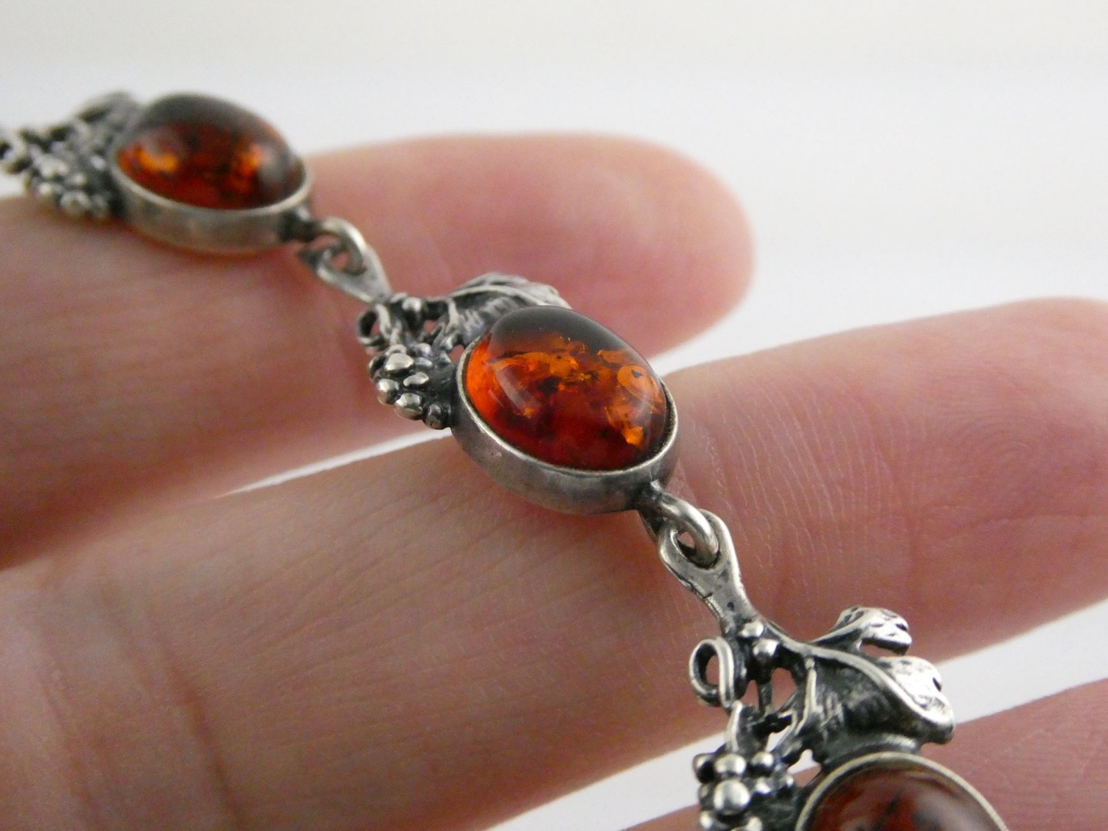Vintage Sterling Silver Amber Cabochon Grape Vine Link Bracelet 925 7.25In 10.6g
