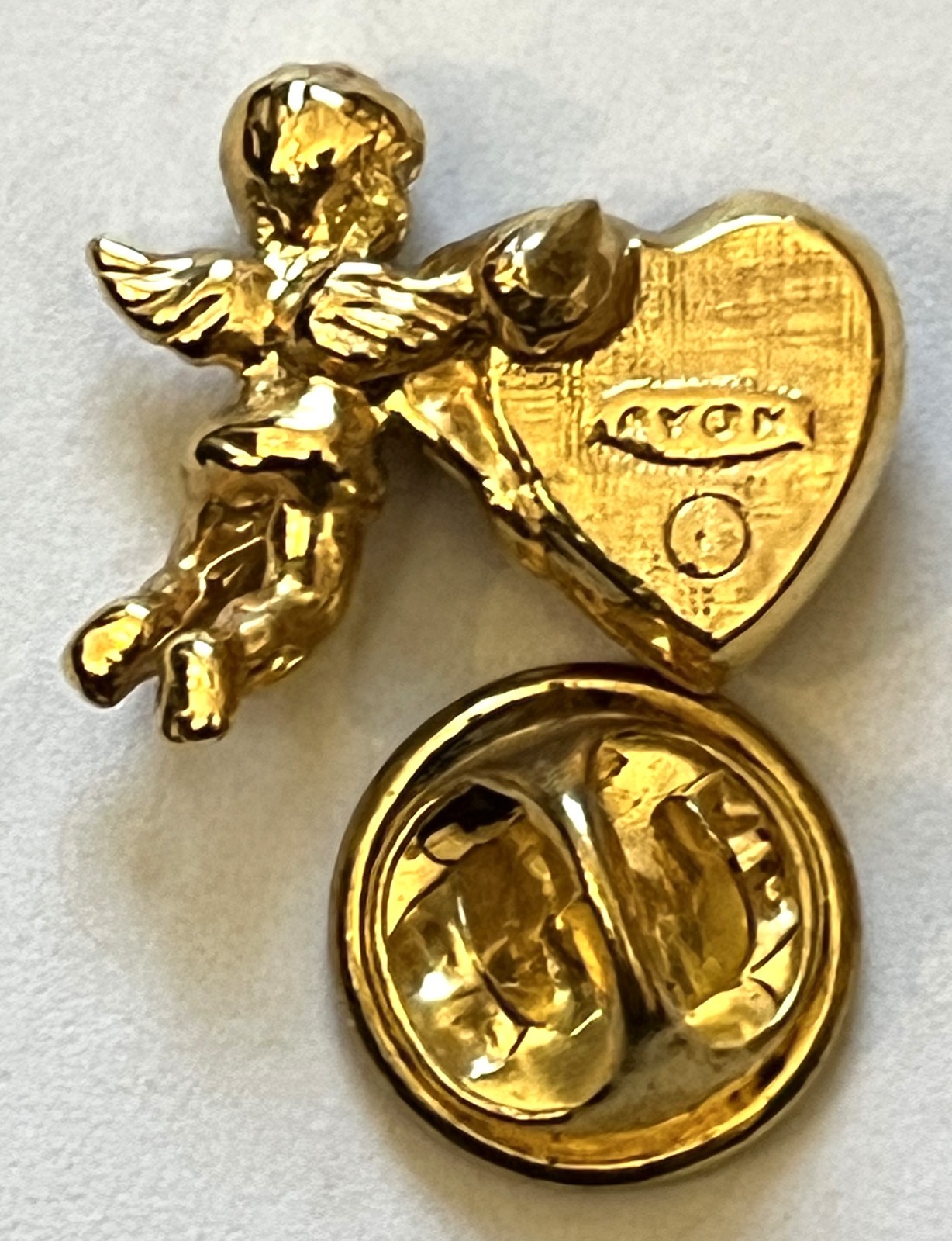 AVON Signed Huge Red Heart, Shiny Gold-tone Guardian Angel Brooch Pin.