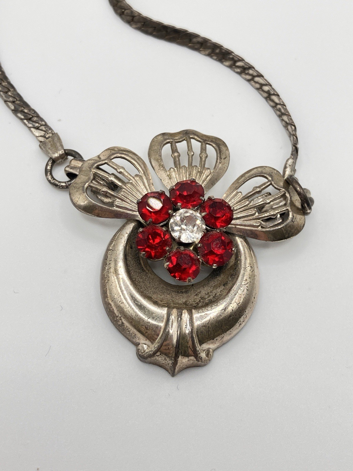 Harry Iskin Silver Necklace red and white rhinestones. 1930s-1950s era.