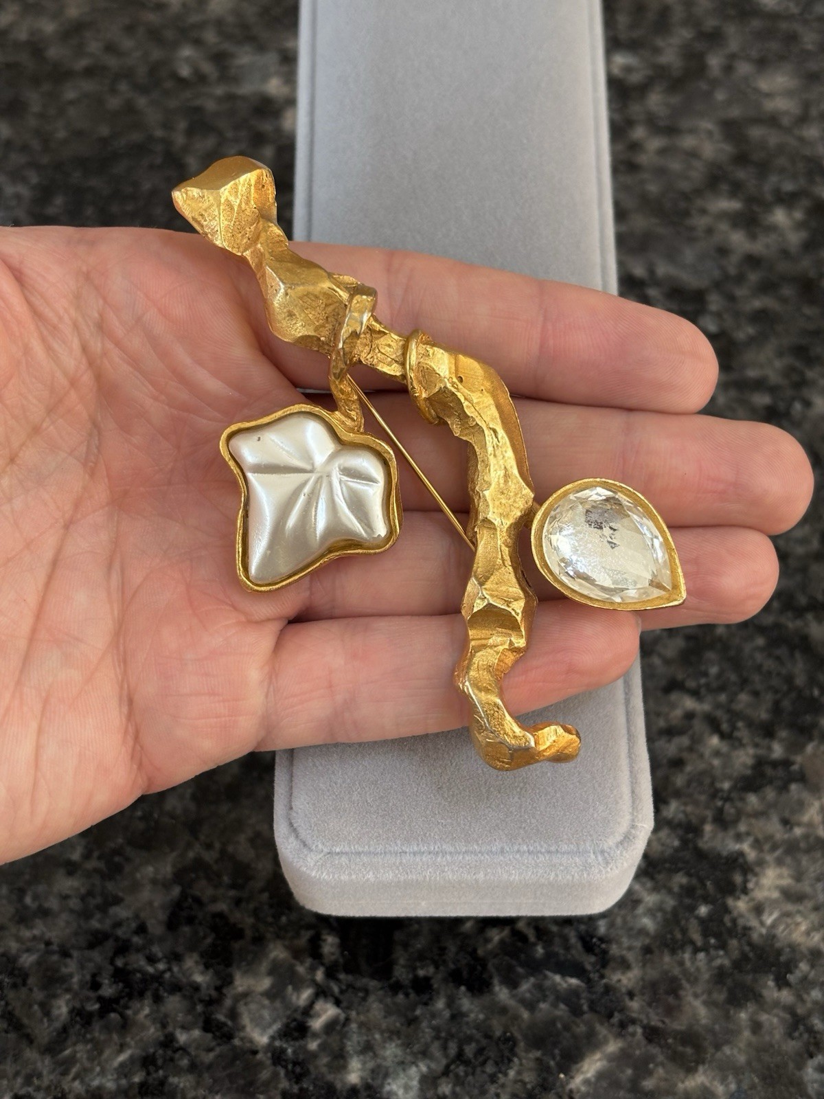 Vintage Antigona Paris Large Gold Plated Tree Branch Leaf Nature Brooch 3.75”