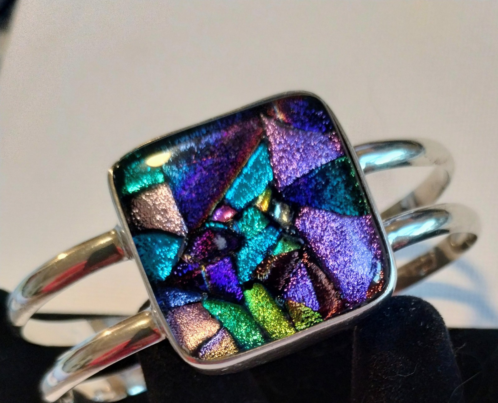 Handmade Small Purple Blue Dichroic Glass Sterling Silver Cuff Bracelet 6.5in