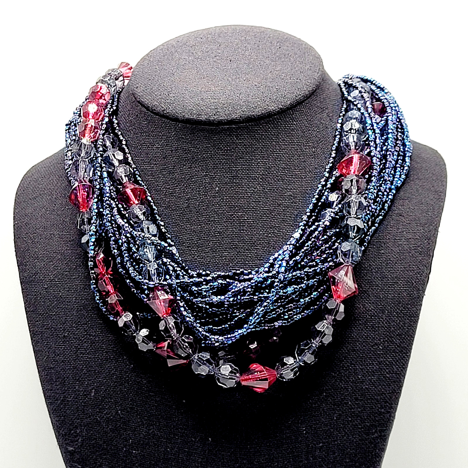 Purple and Deep Blue Iridescent Twist Multi Strand Glass Beaded Vintage Necklace