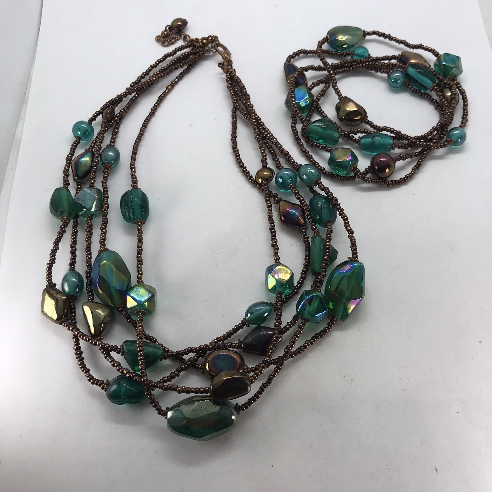 Vintage Artisan Glass Bead Necklace Multi strand with matching stretch bracelets