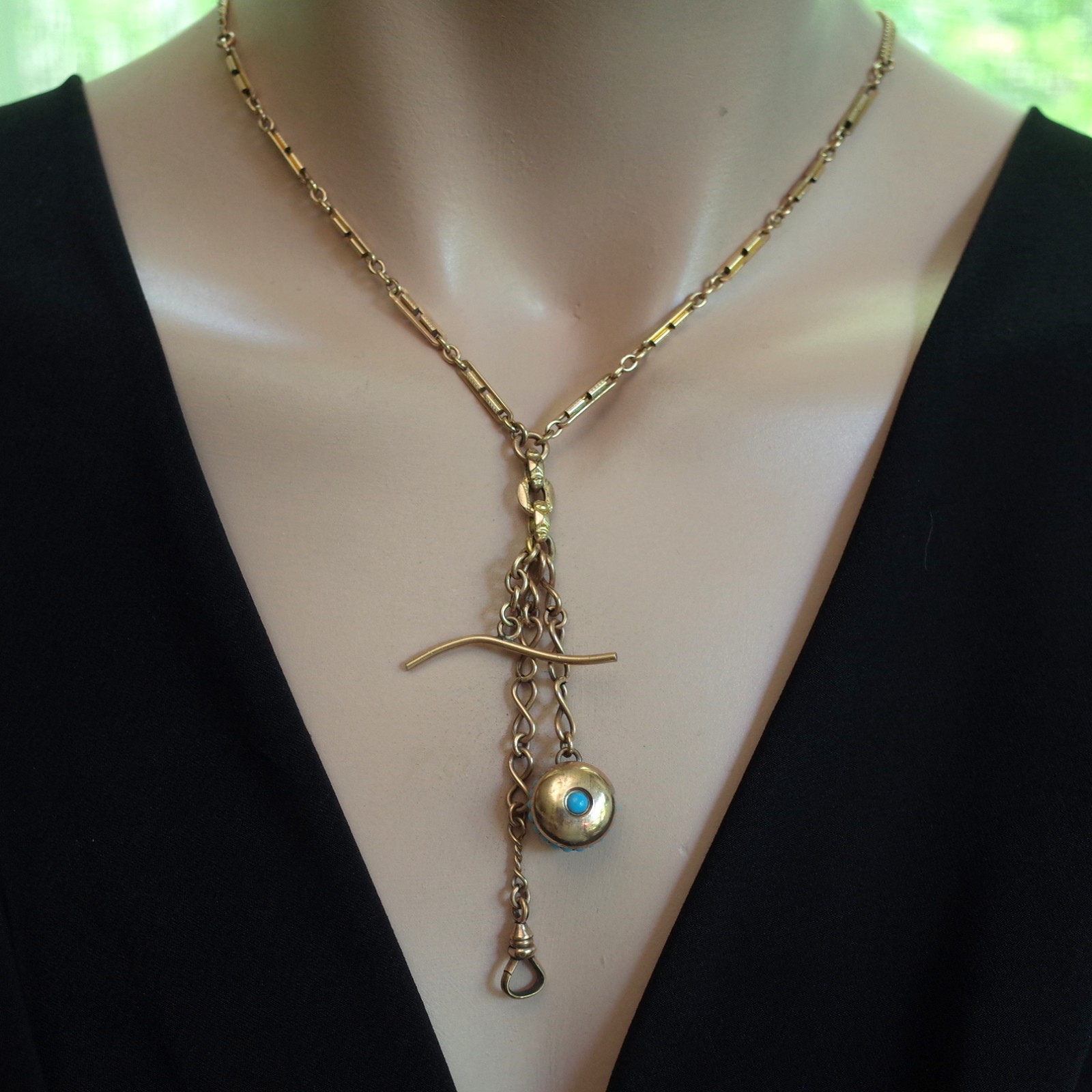 Antique Gold Filled Turquoise Watch Fob Necklace Bar & Link Chain Swivel Hook