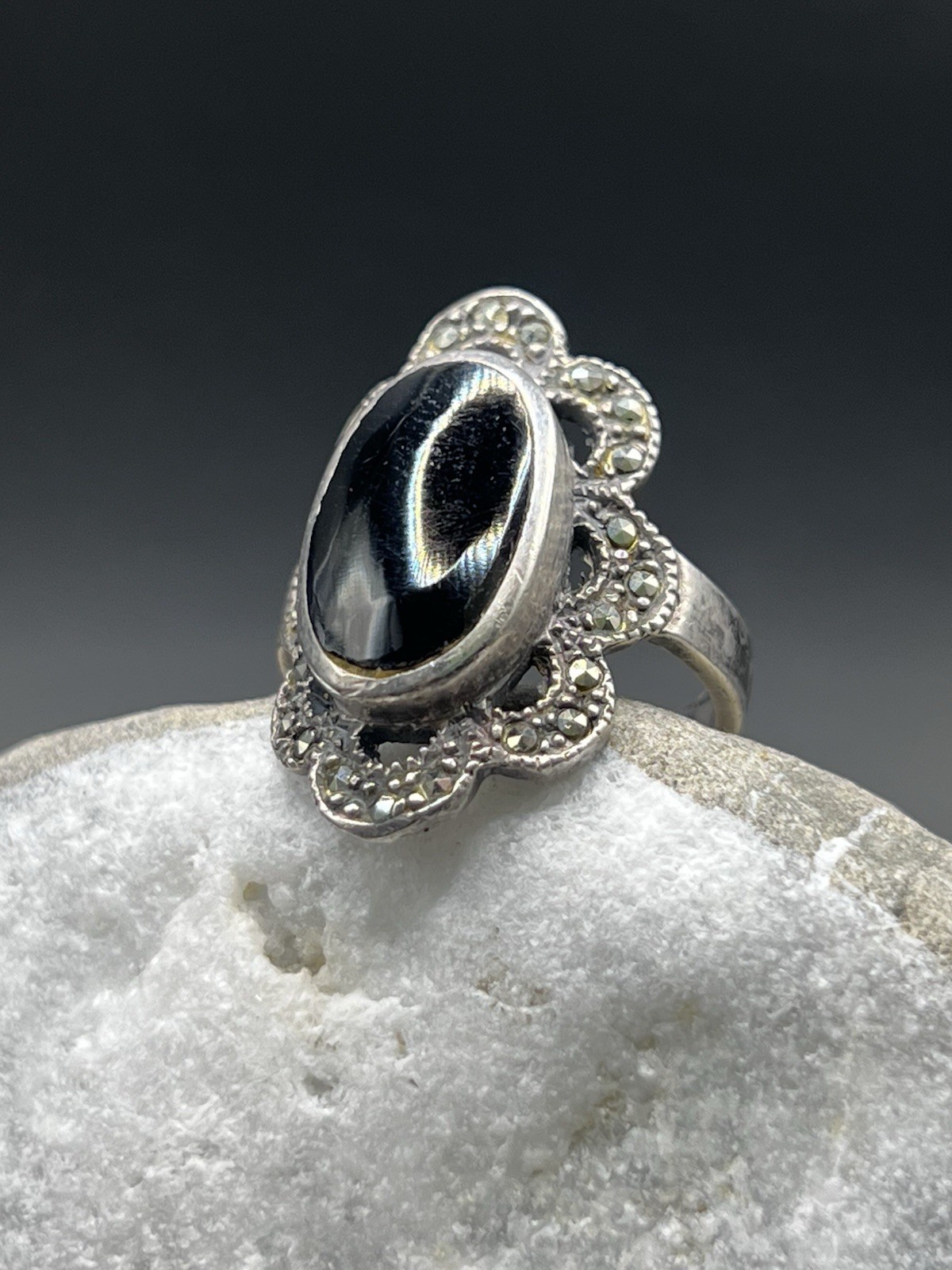 Vintage USSR 925 Silver Ring Black Stone Jewelry Size 7