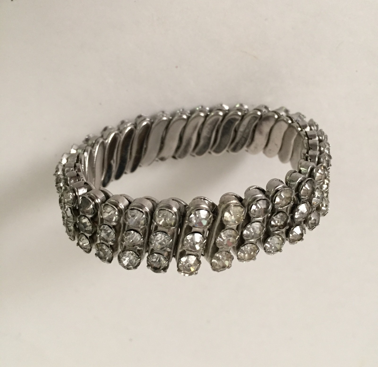 Vintage Stretch Band Style Bracelet Silver Tone W/3 Rows Rhinestones British HK