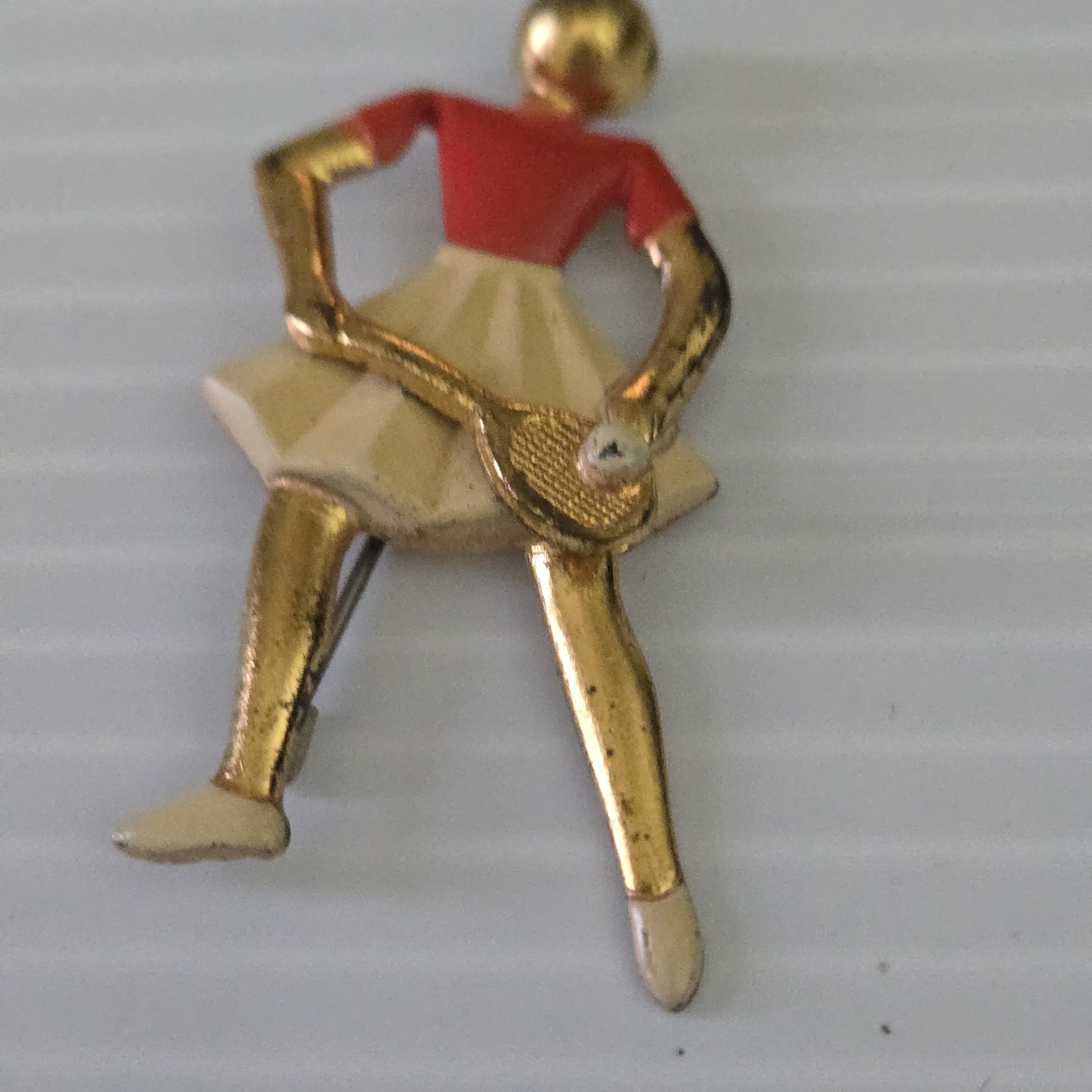 Vintage Gold Tone Enamel Tennis Player Figural Brooch Pin Red White Sports
