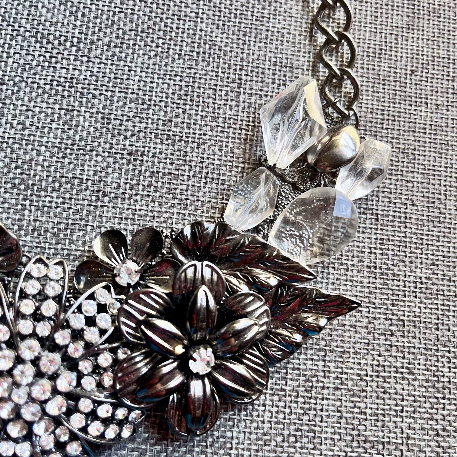 Goth Statement Necklace – Gunmetal & Crystal Floral Necklace – Chunky Necklace