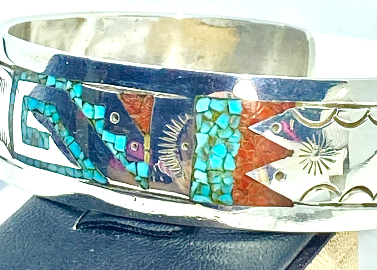 Sterling Native American Henry Baca Inlaid Turquoise & Coral Cuff 2 3/8″