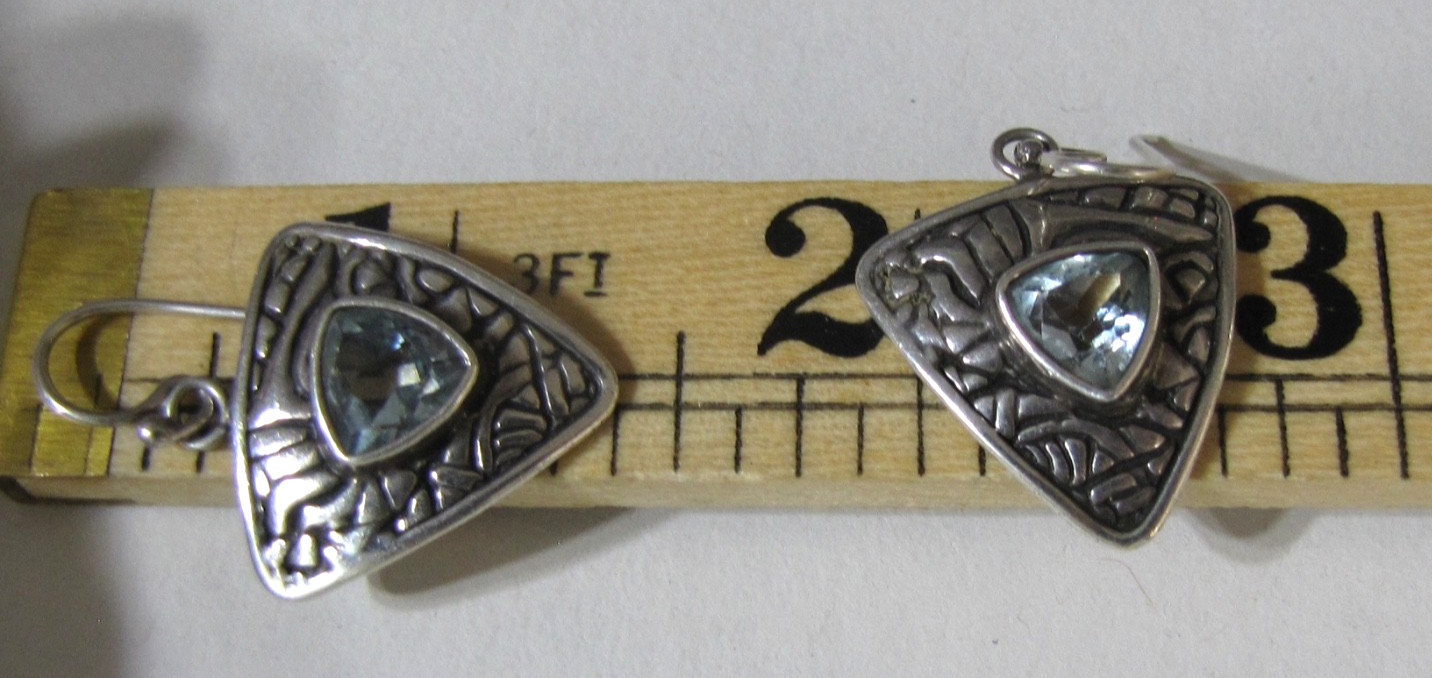 Vintage Sterling Silver Trillion Blue Topaz Tribal Shield Earrings Signed DC 925