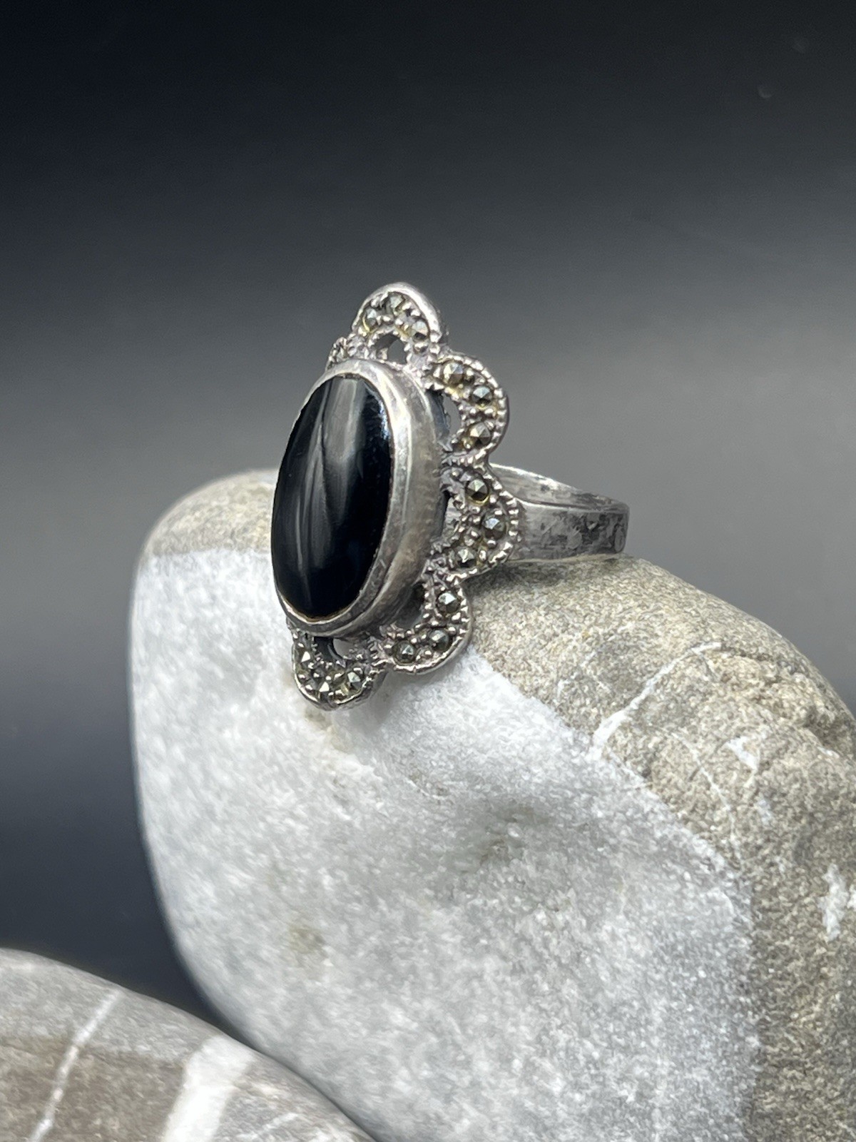 Vintage USSR 925 Silver Ring Black Stone Jewelry Size 7