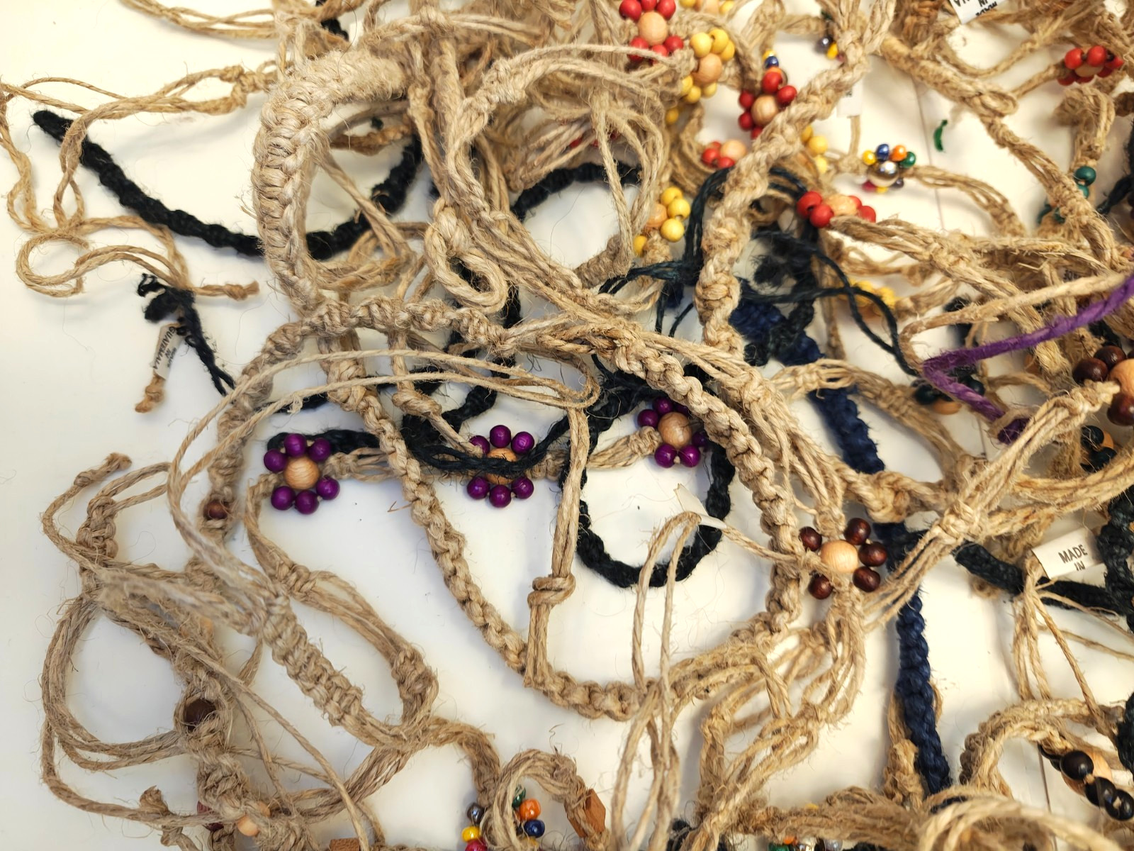 VINTAGE LOT OF HEMP BRACELETS, ANKLETS, NECKLACES; DARK & LIGHT; 1980’S NEW! #1