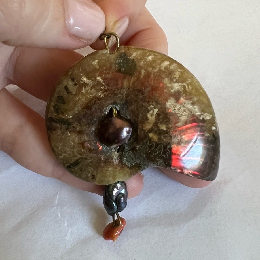 2.5″ Rainbow Ammonite Fossil Shell Pendant w/ Natural Black & Red Pearl Accents