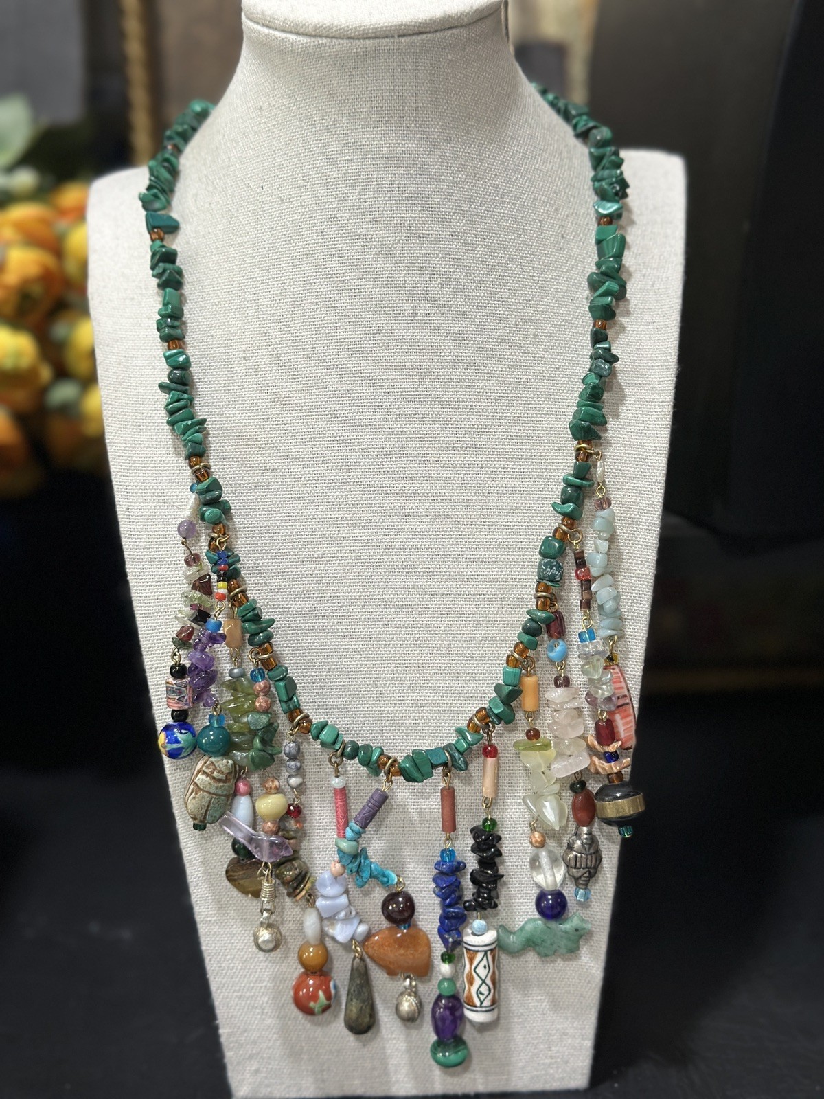 Vintage Multi Gemstone Charm Necklace Green Bead Strand Dangle Drop Boho Ethnic