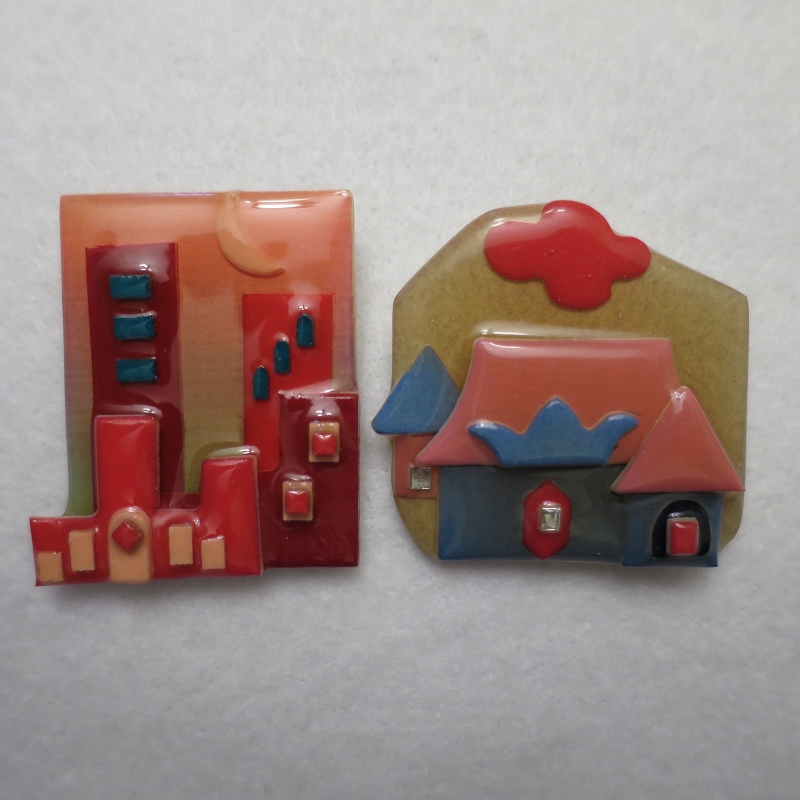 Lot of 2 Lucinda House Pins City Buildings Pink Blue Brown Moon Cloud Sunset VTG