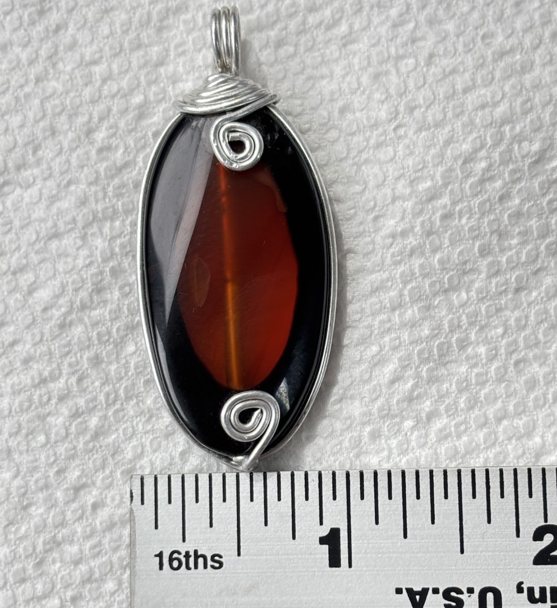 Handmade Wire Wrapped Pendant Dk Amber Orange Translucent Stone or Glass Artisan