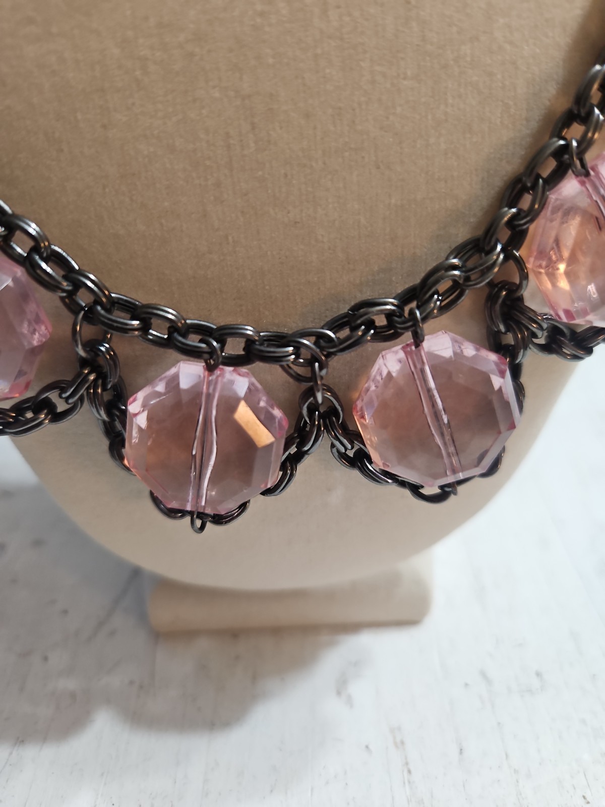 Vintage Beaded Necklace 18” Boho Pink, Gunmetal, Gray, Bib Statement