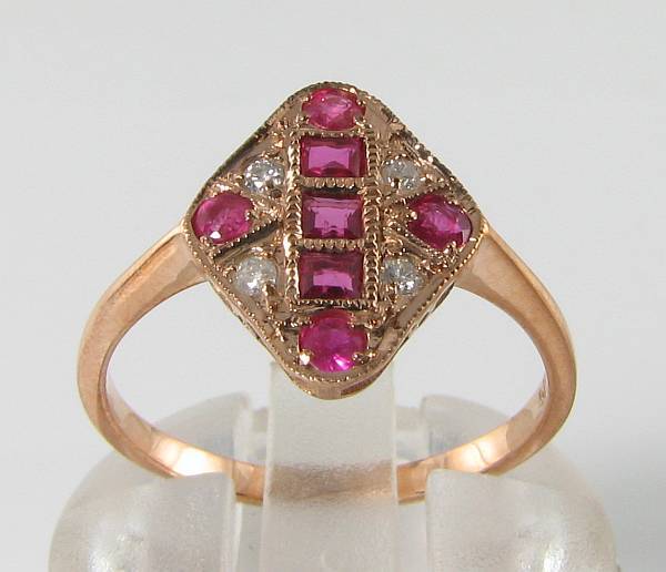 LOVELY 9K 9CT ROSE GOLD INDIAN RUBY & DIAMOND ART DECO INS LOZENGE RING FREE Sz