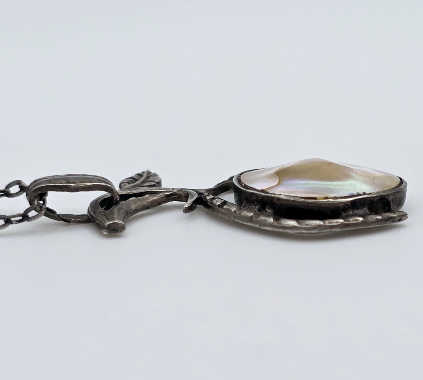 Vintage Art Nouveau Sterling Silver Blister Pearl Leaf Vine Pendant Necklace 925