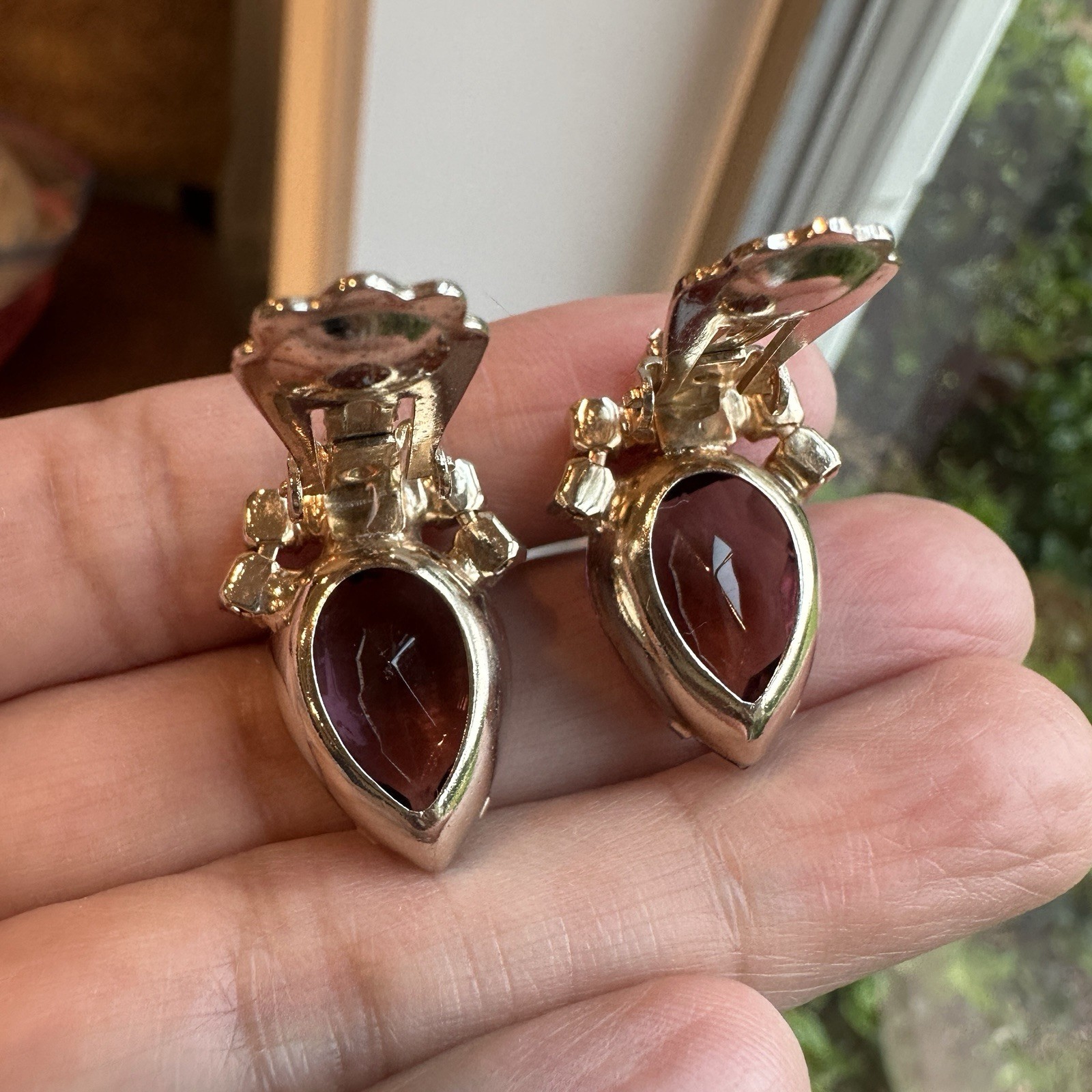 Vintage 1950s Clip Earrings 1 Inch Purple Pink Glass Rhinestones Gold Plated