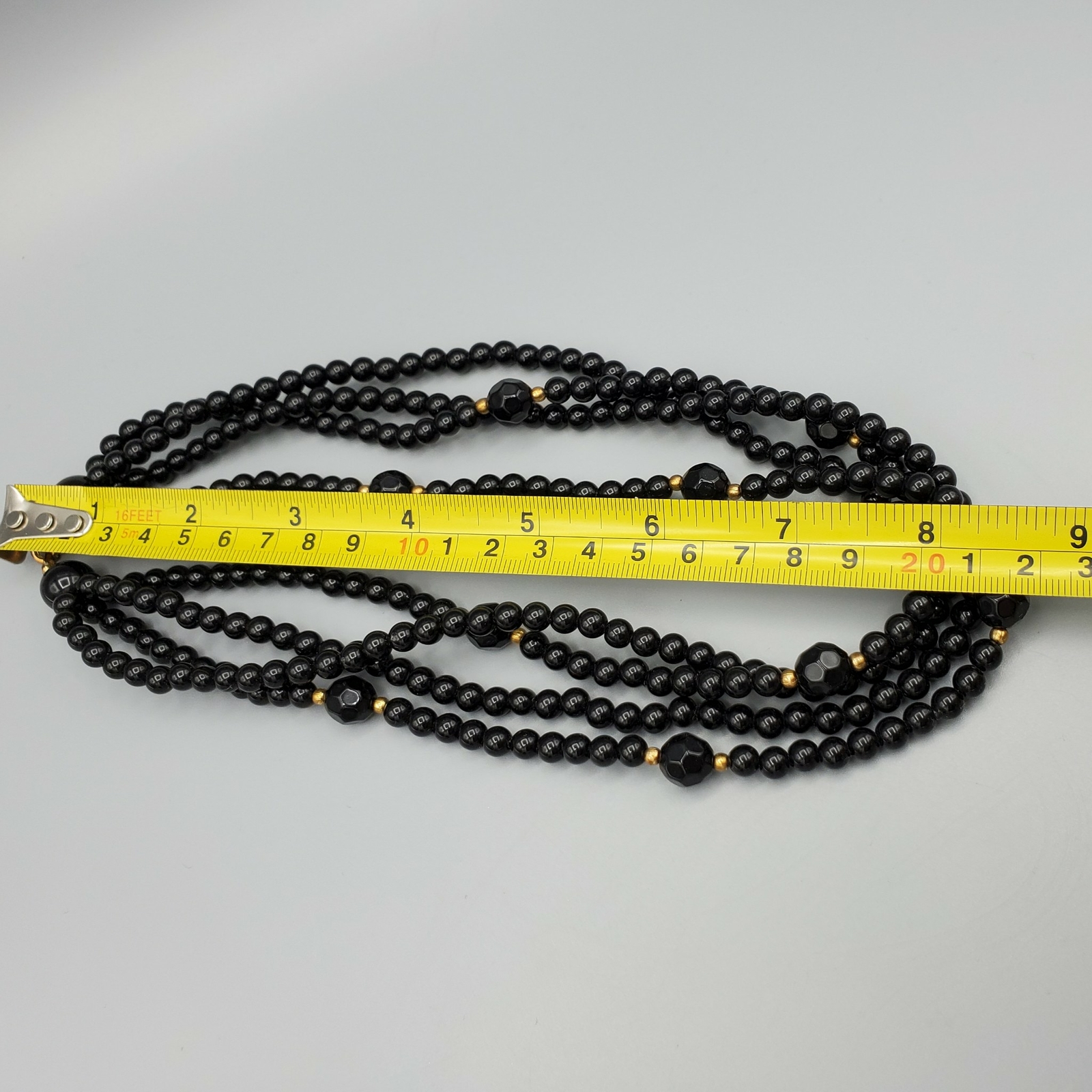 Vintage Black Lucite and Gold Tone Bead Multi Strand Layered Necklace 16″