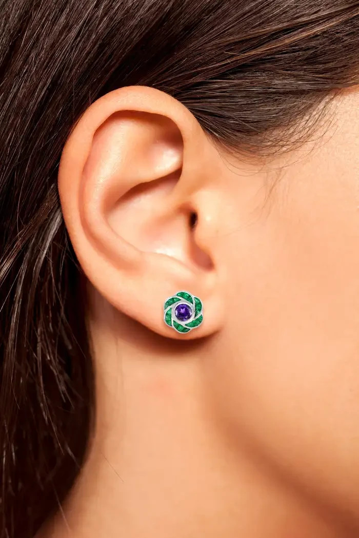 Art Deco Style Round Amethyst and Emerald Floral Stud Earrings 14K White Gold FN