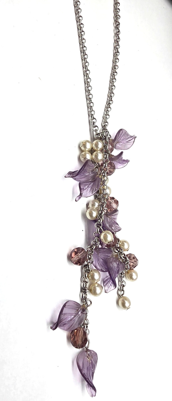 Purple Crystal Acrylic Leaf Faux Pearl Bead Dangle Chain Necklace Vintage