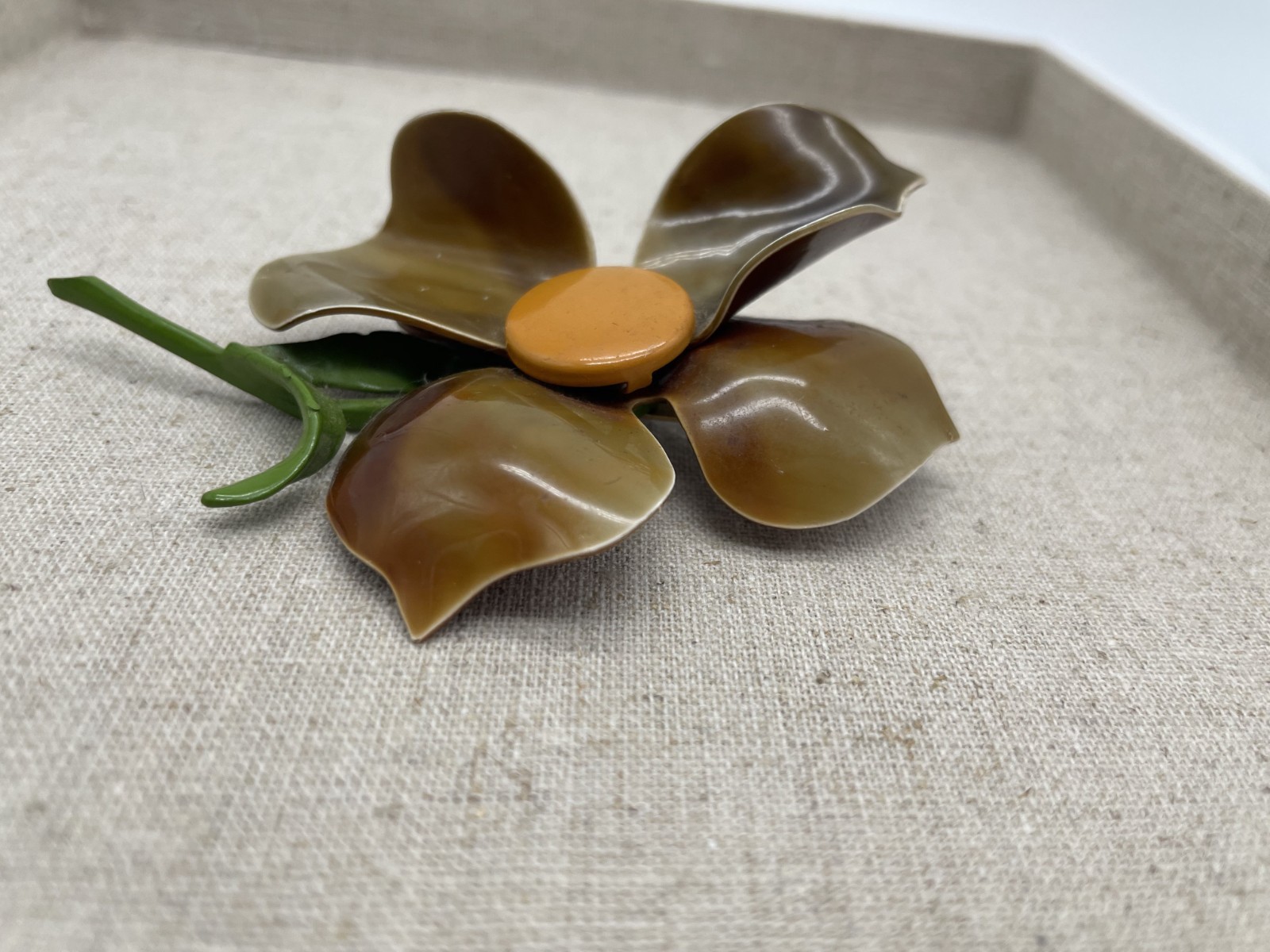 Vintage Enamel Flower Brooch Large Dimensional Fall Colors Caramel Brown