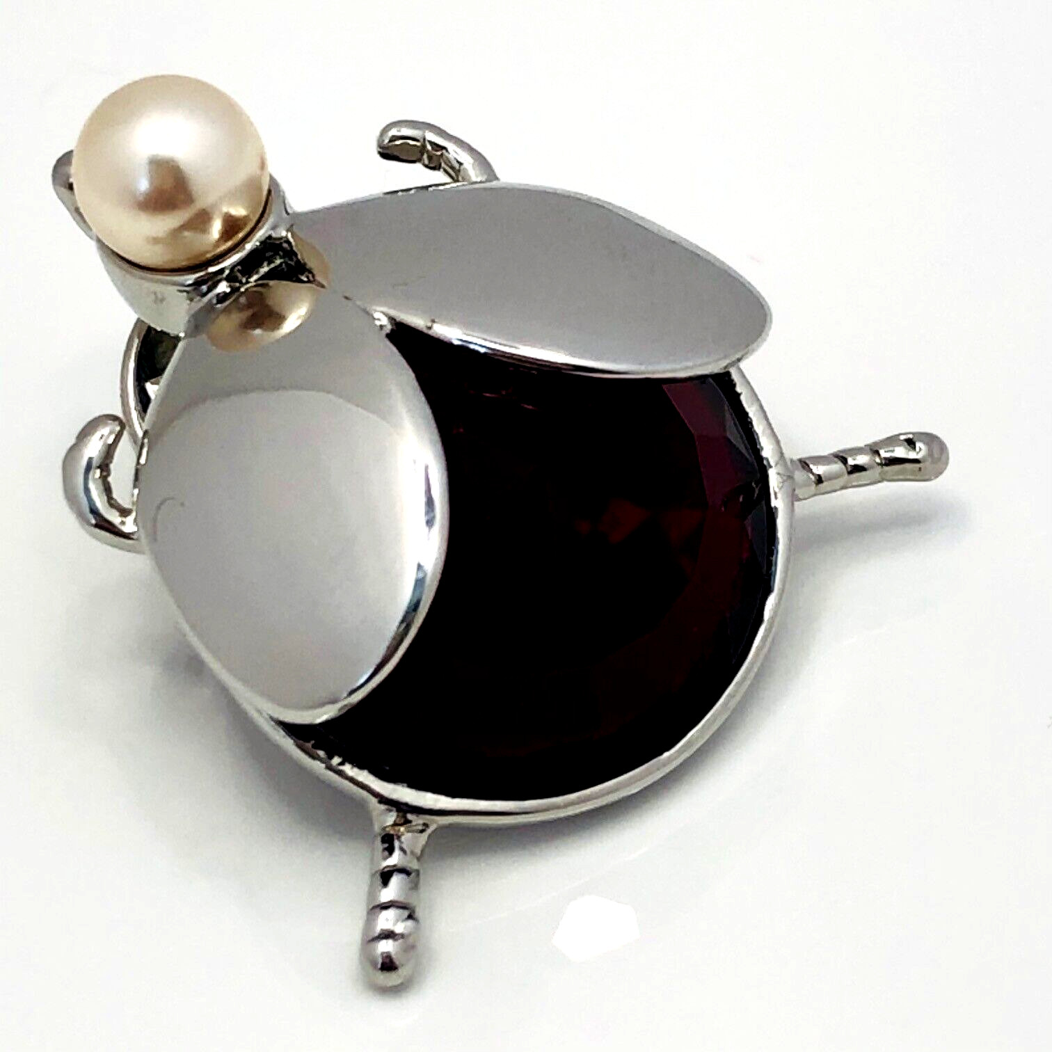 Auth New Henri Bendel Lady Bug Beetle Ruby and Faux Pearl Brooch Broach