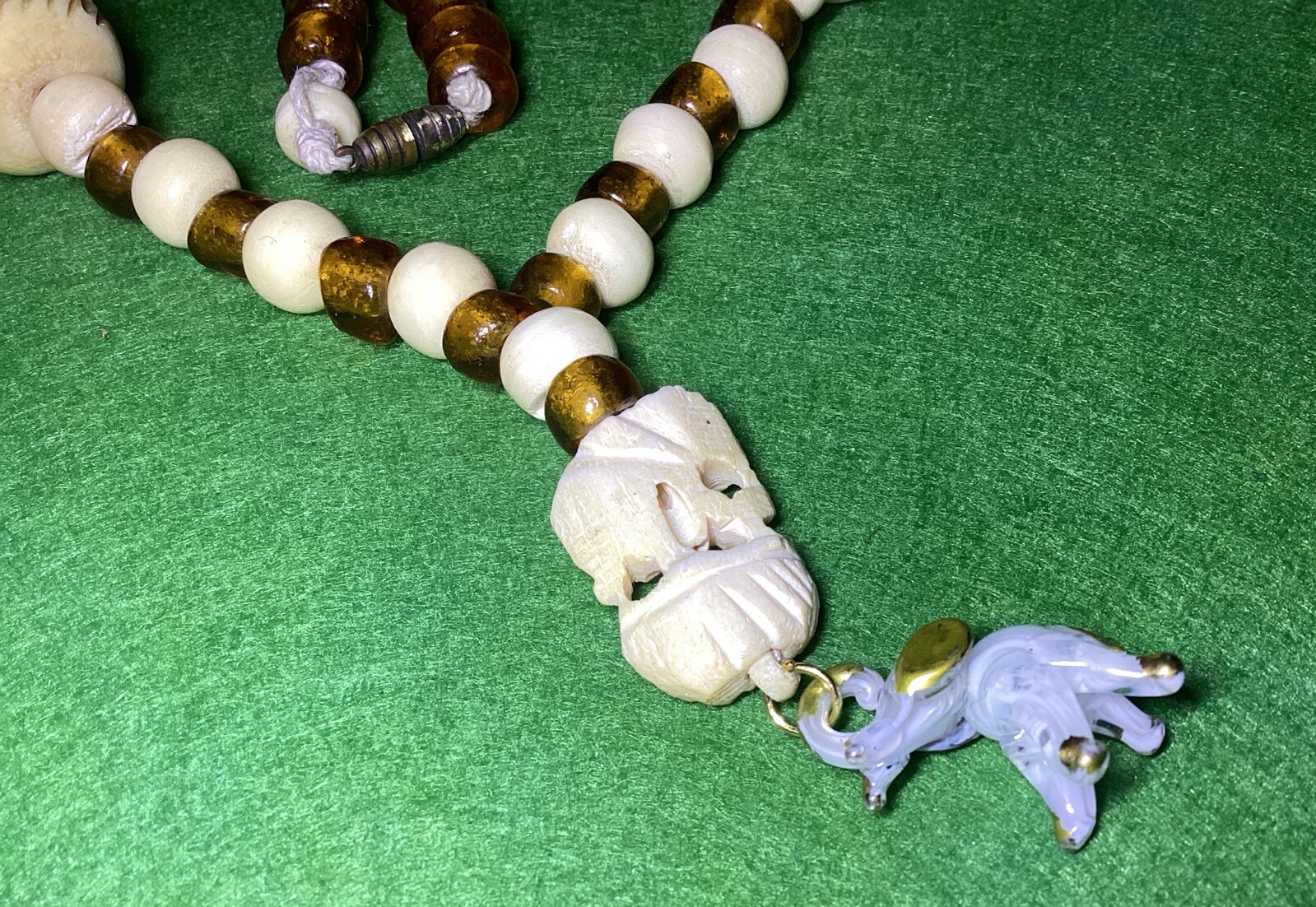 Vintage Elephant Theme Carved Bovine Bone & Amber Glass Beads 27” Necklace