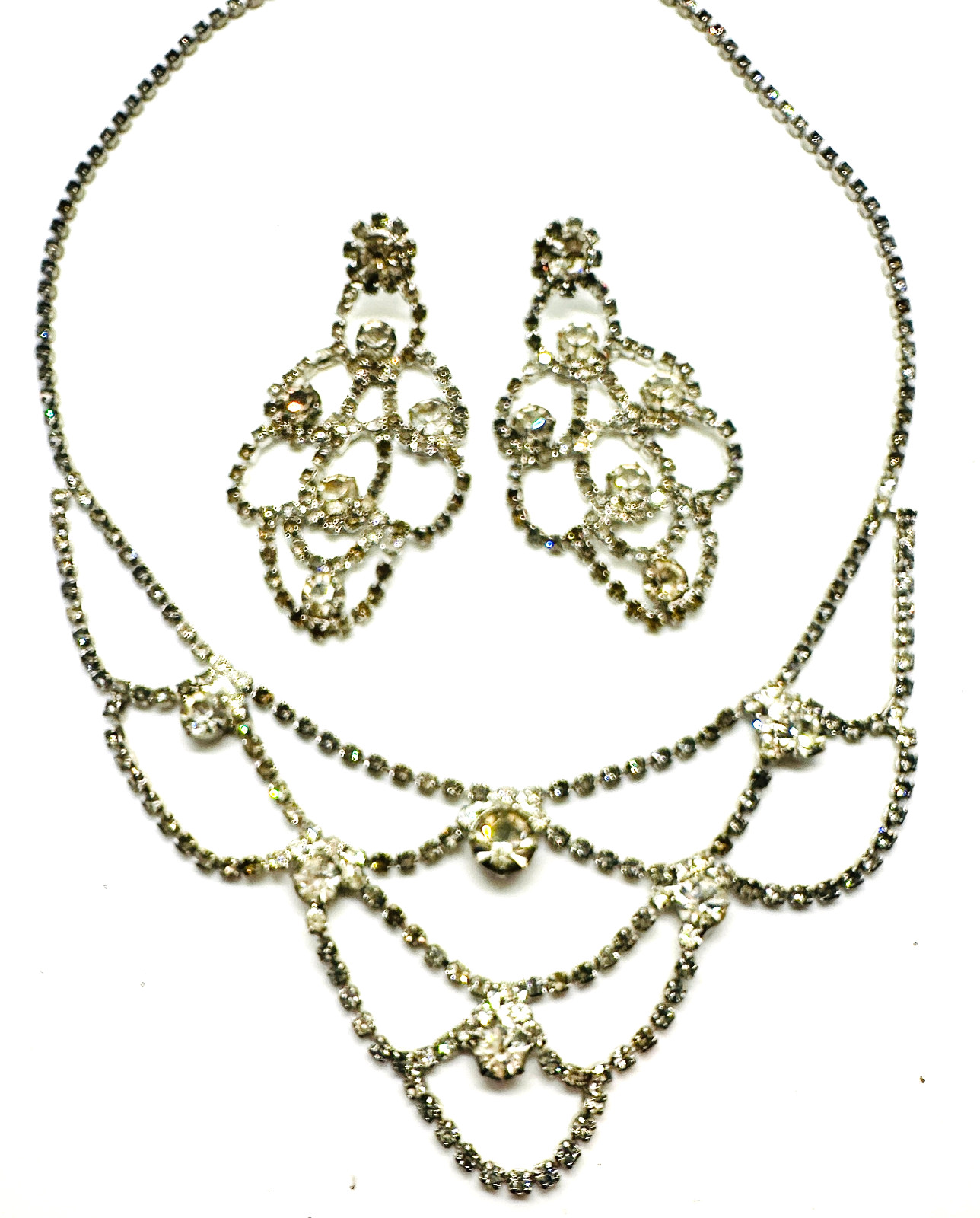 Vintage NOS Smokey Crystal Rhinestone Festoon Necklace & Pierced Earrings Set