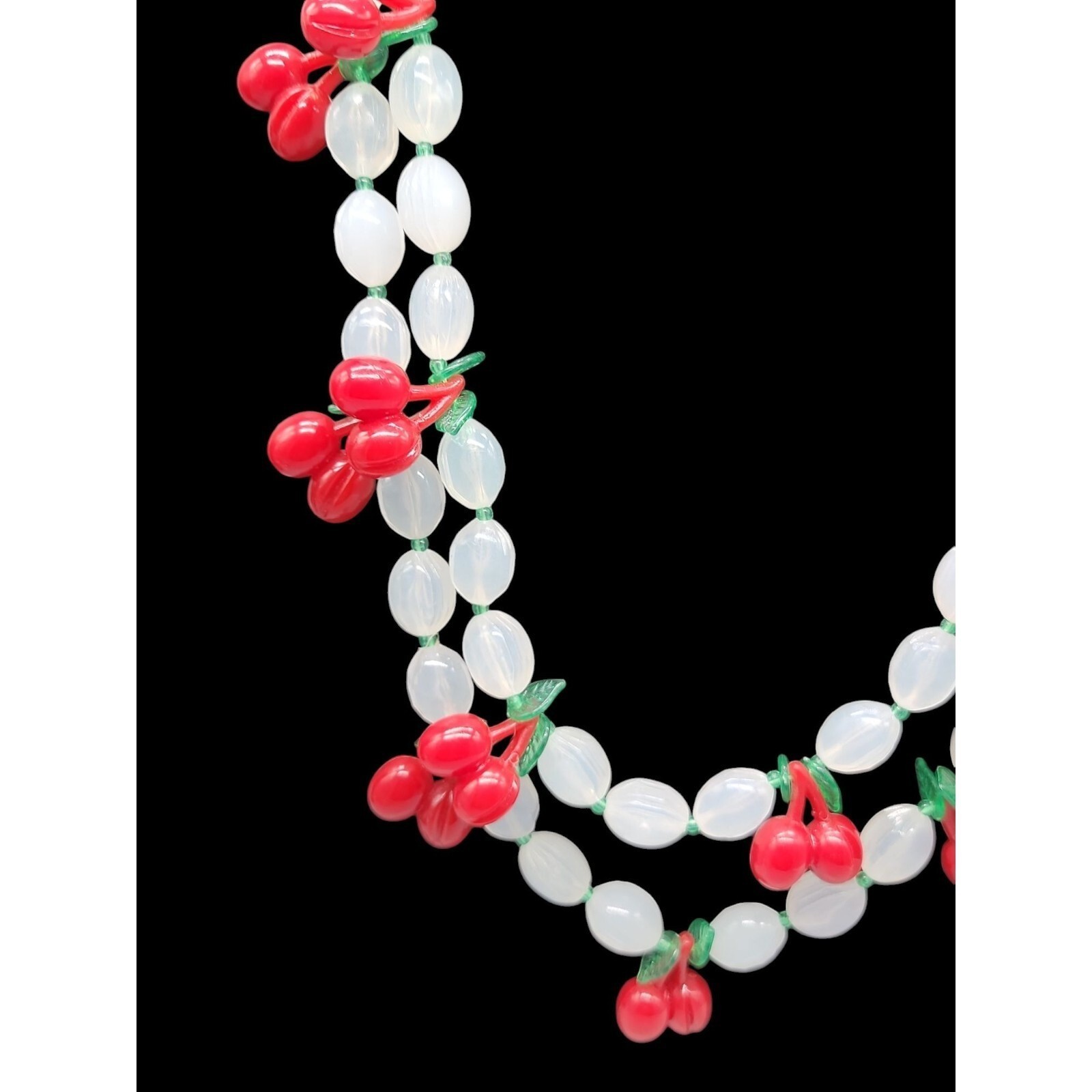 Lucite Cherry 34″ Necklace & 7″ Stretch Bracelet Red Cherries Translucent Beads