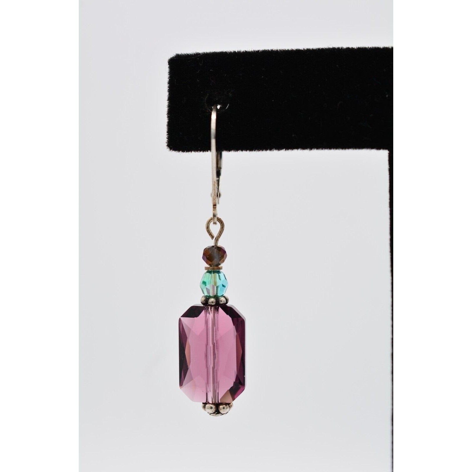 Vintage Crystal Dangle Earrings 925 Sterling Silver Purple Blue Beaded 1980s 9I