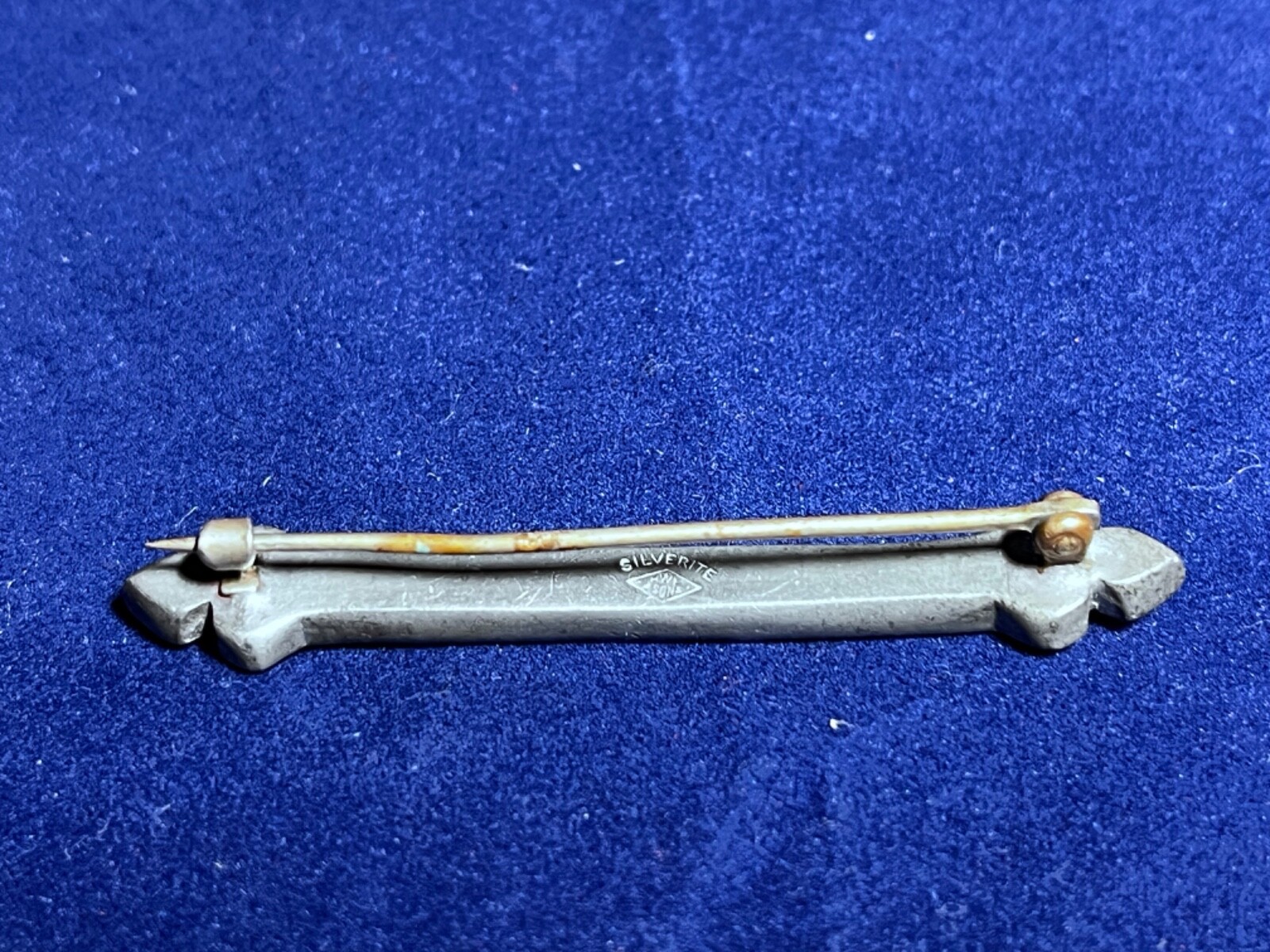 ANTIQUE SILVERITE HWF & SON BAR PIN WITH CLEAR RHINESTONES & SAPPHIRE BLUE GLASS